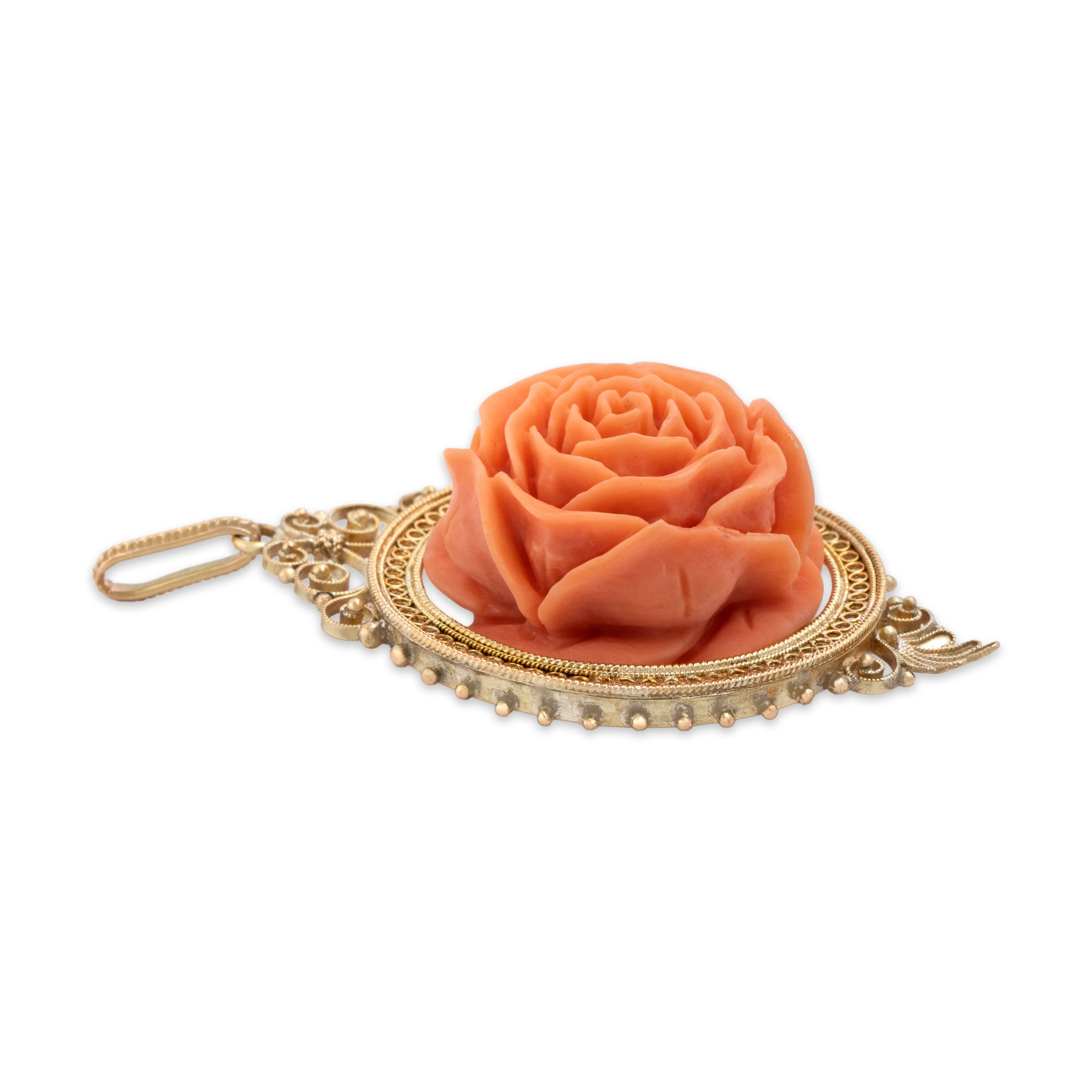 Antique Victorian Large 14k Yellow Gold Coral Ornately Framed Rose Pendant - Side view