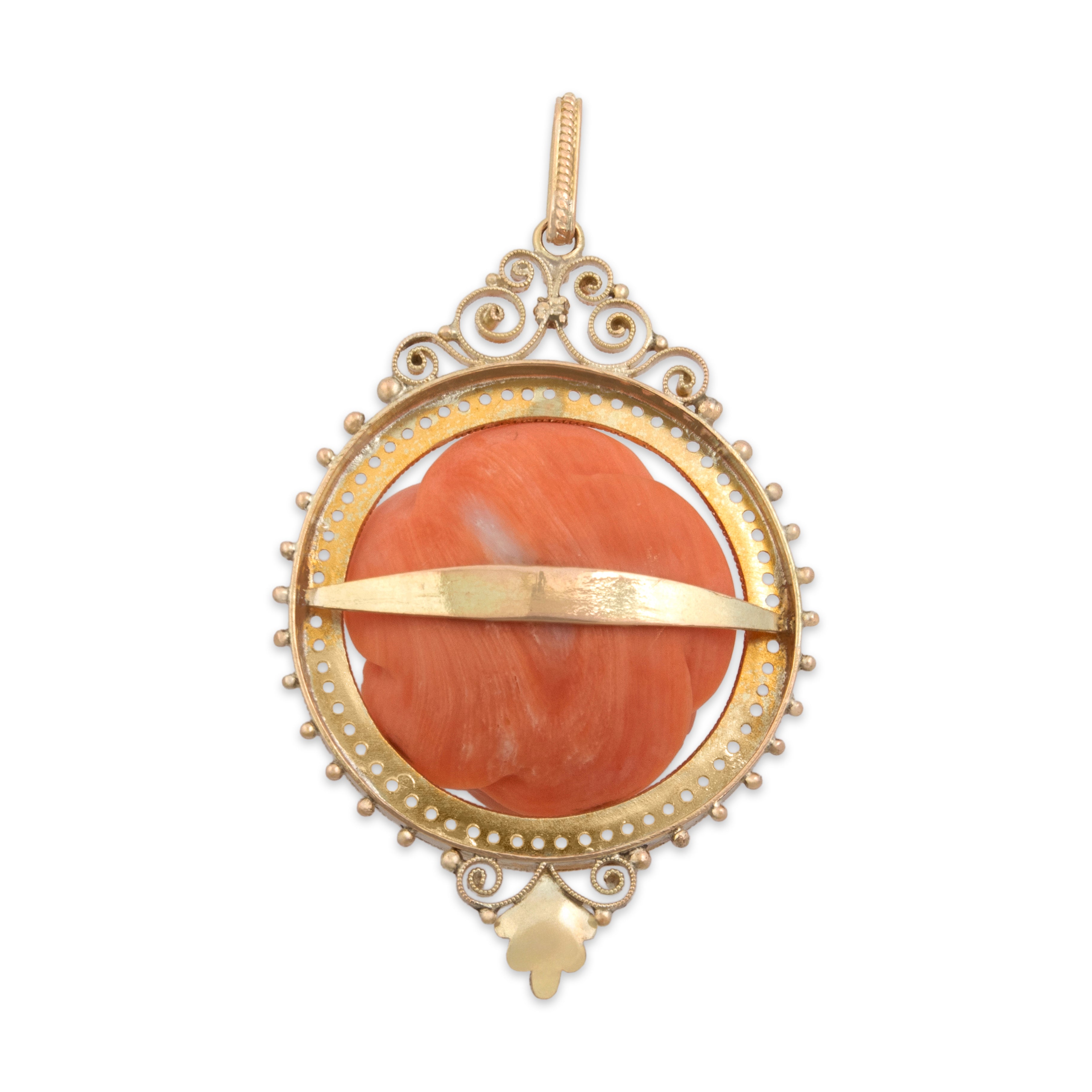 Antique Victorian Large 14k Yellow Gold Coral Ornately Framed Rose Pendant - Back view