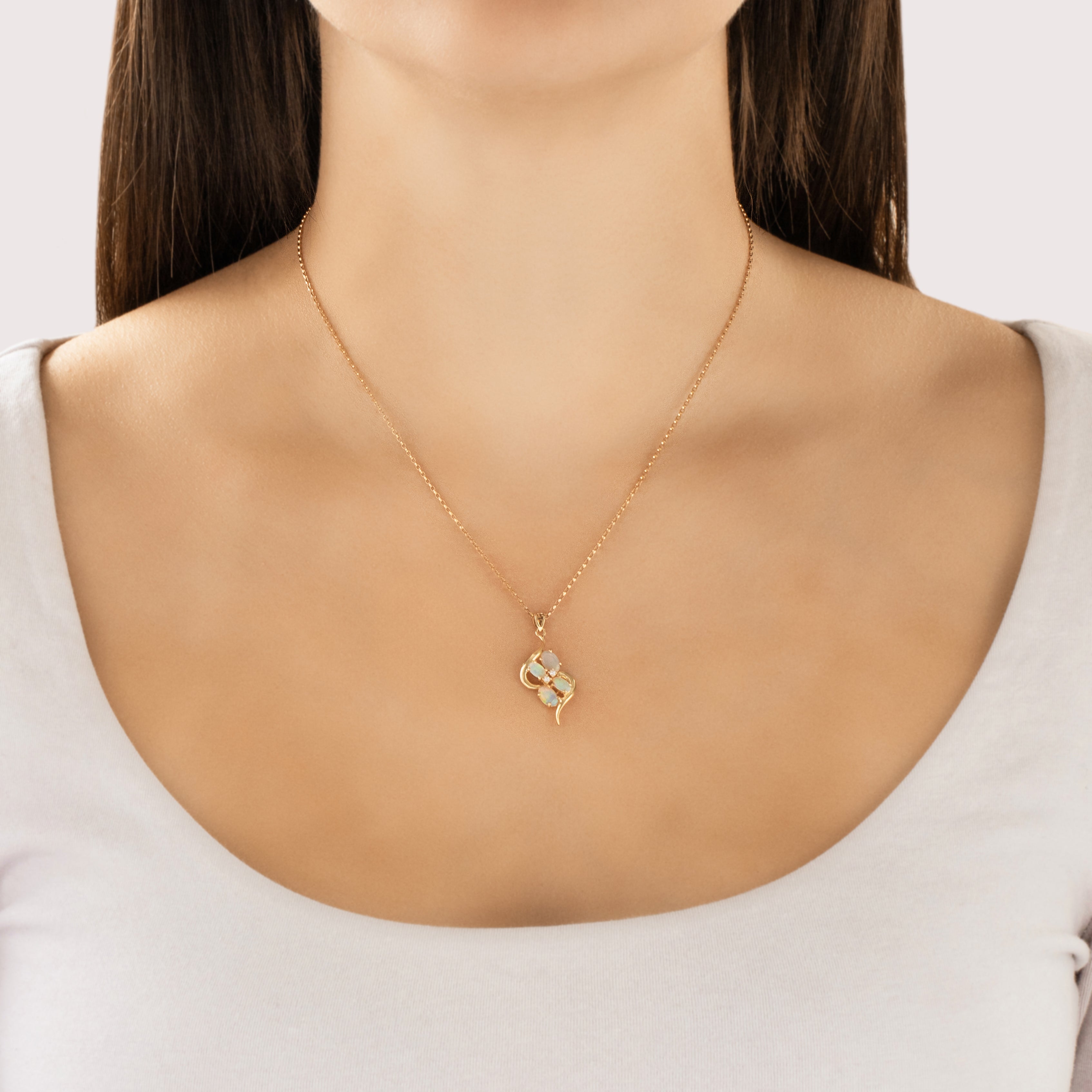 Vintage 10k Yellow Gold .59cttw Opal Diamond Wonderful Swirl Cluster Pendant - On model view