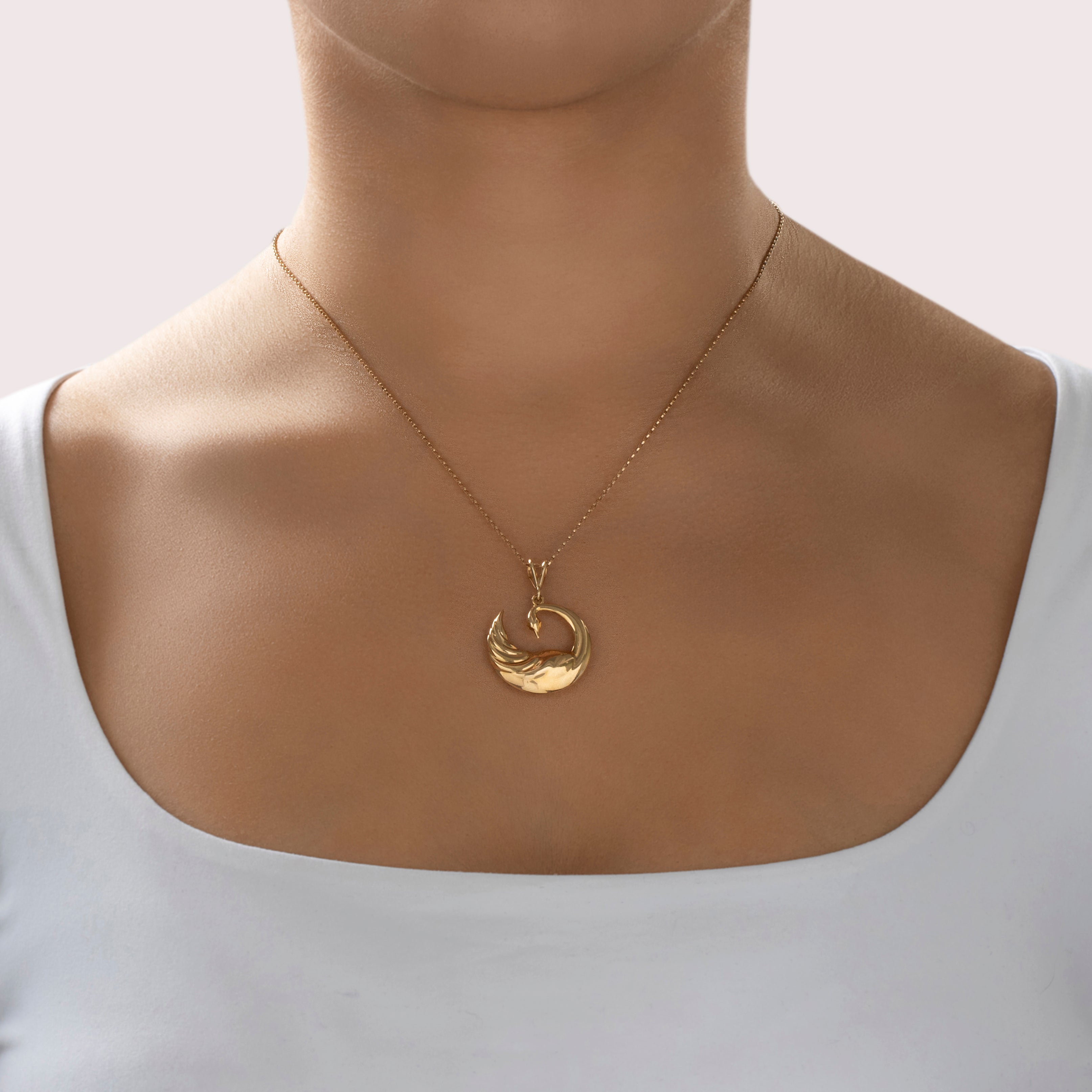 Vintage 14k Yellow Gold Puffy Elegant Swan Pendant - On model view