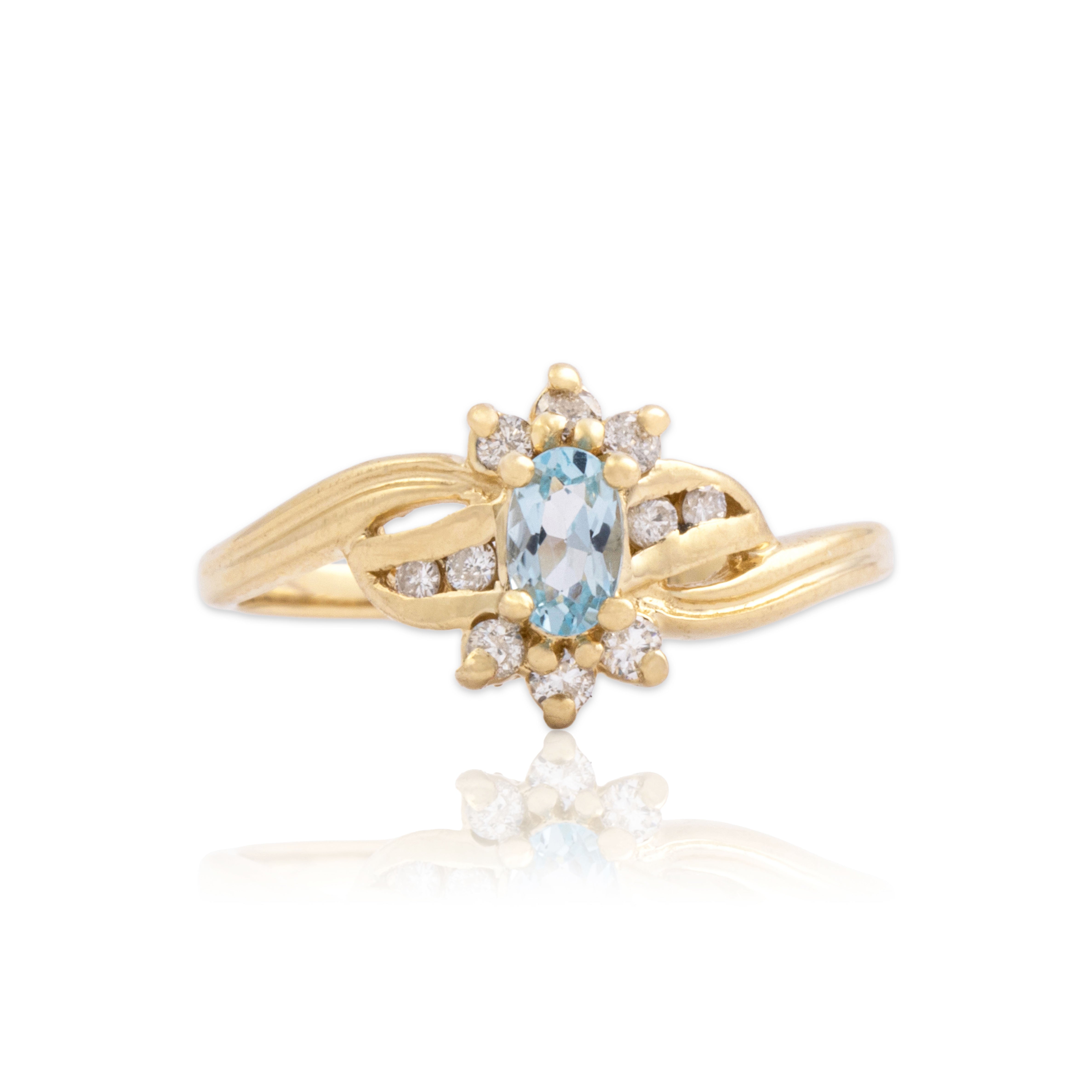 Vintage 14k Yellow Gold Sky Blue Topaz Diamond Sweeping Flower Bypass Ring 6.50