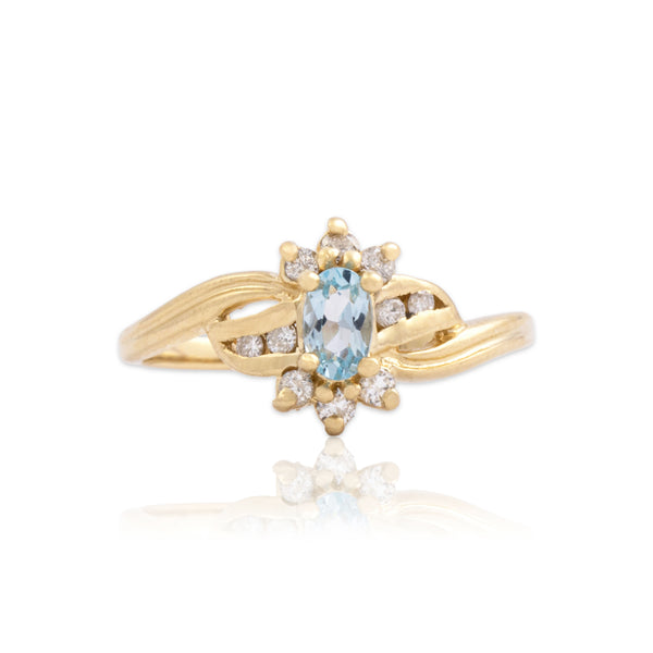 Vintage 14k Yellow Gold Sky Blue Topaz Diamond Sweeping Flower Bypass Ring 6.50