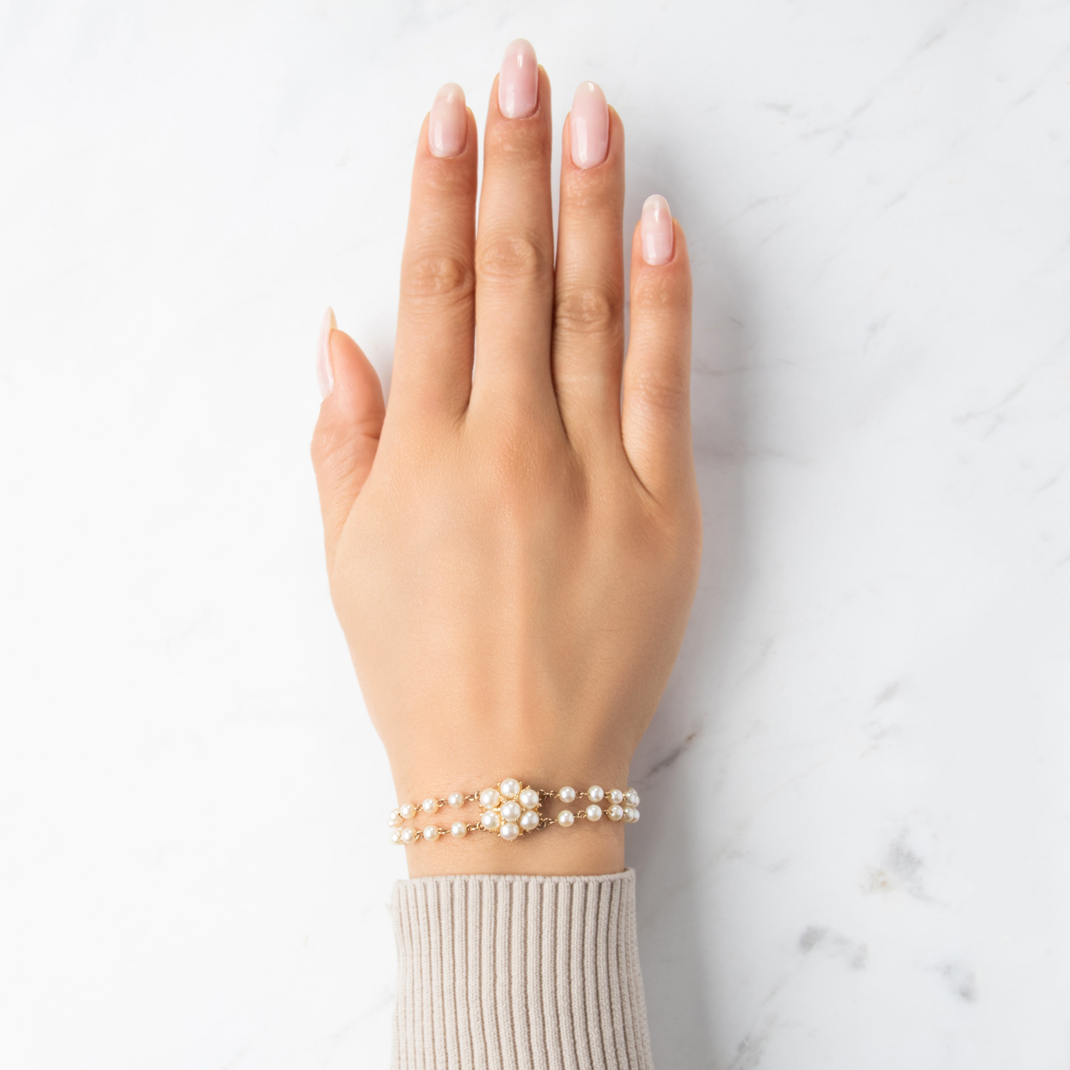 Vintage 10k Yellow Gold Pearl Flower Cluster Bracelet - On model view