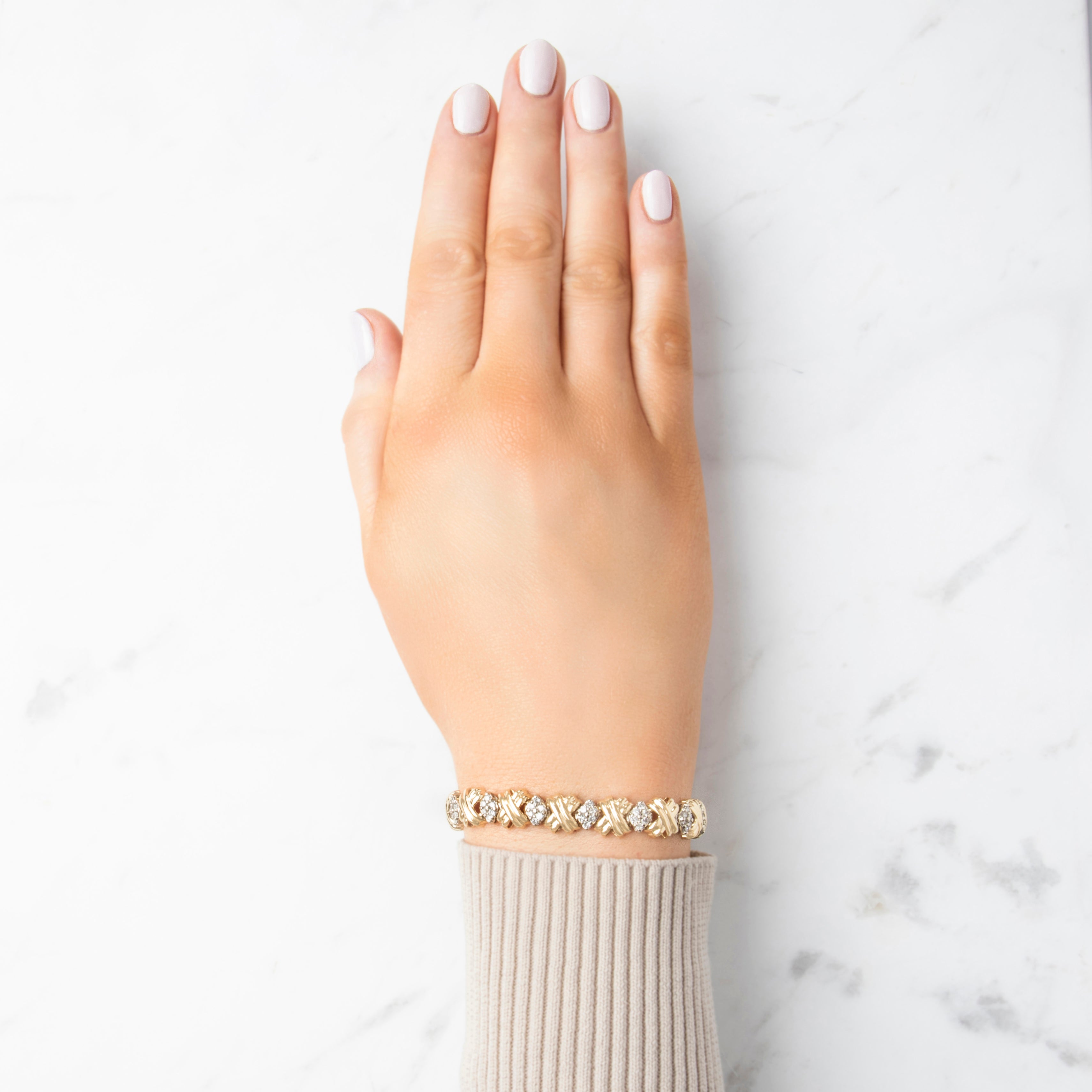 Vintage 14k Yellow & White Gold 1.25cttw Diamond Bold Knot Link Bracelet - On model view