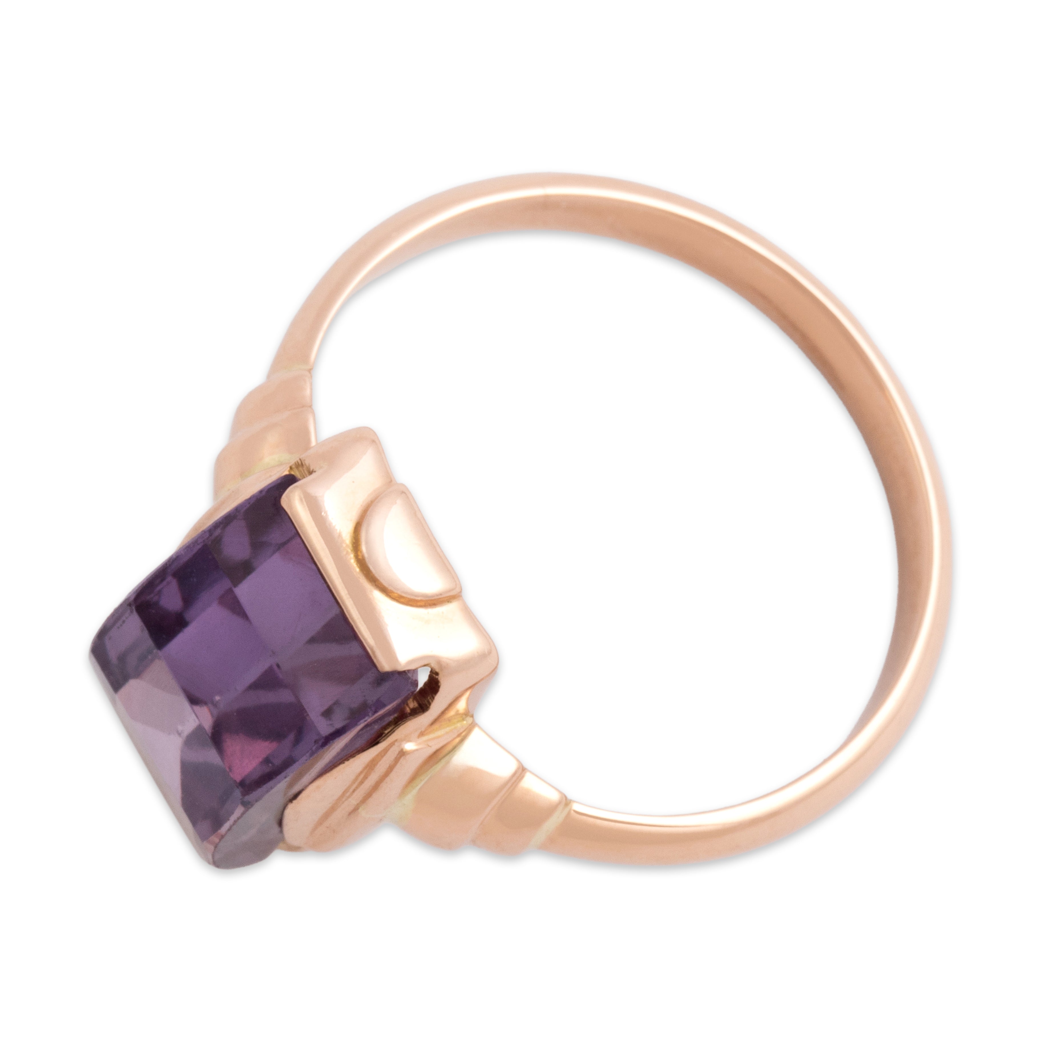Vintage 14k Rosy Yellow Gold 6.22ct Purple Synthetic Sapphire Striking Checkerboard-Cut Dome Ring - Overall view