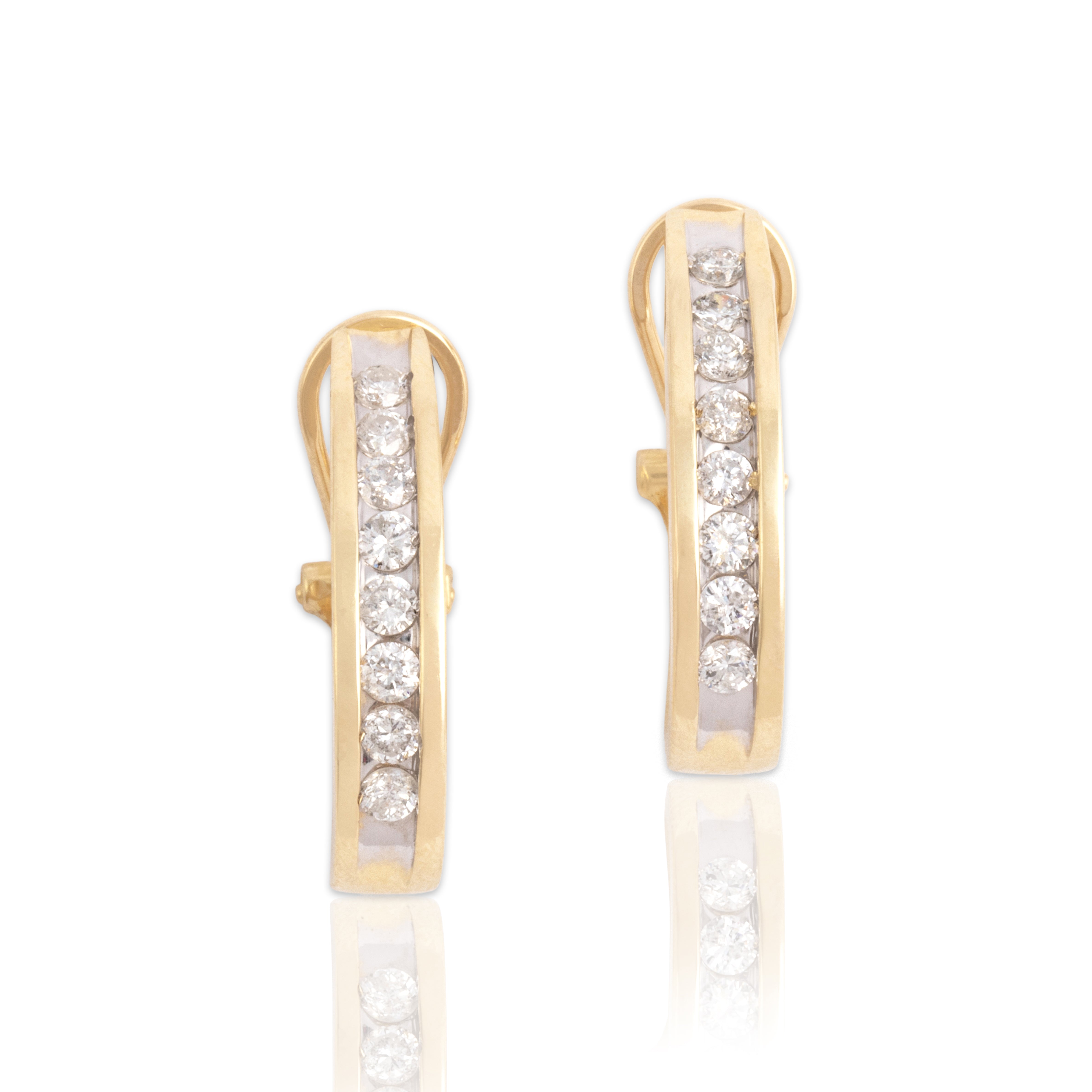 Vintage 14k Yellow Gold .8cttw Diamond Brilliant Line Omega Back Earrings - Close-up view