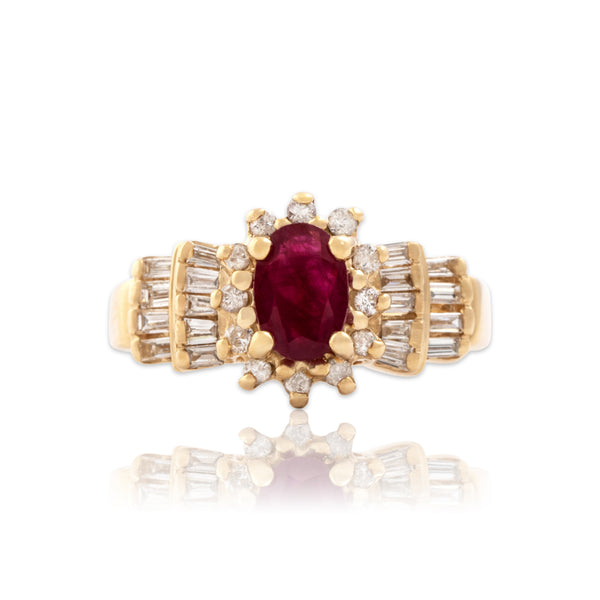 Vintage 14k Yellow Gold .77ct Ruby Diamond Striking Step Shoulder Ring 6.50