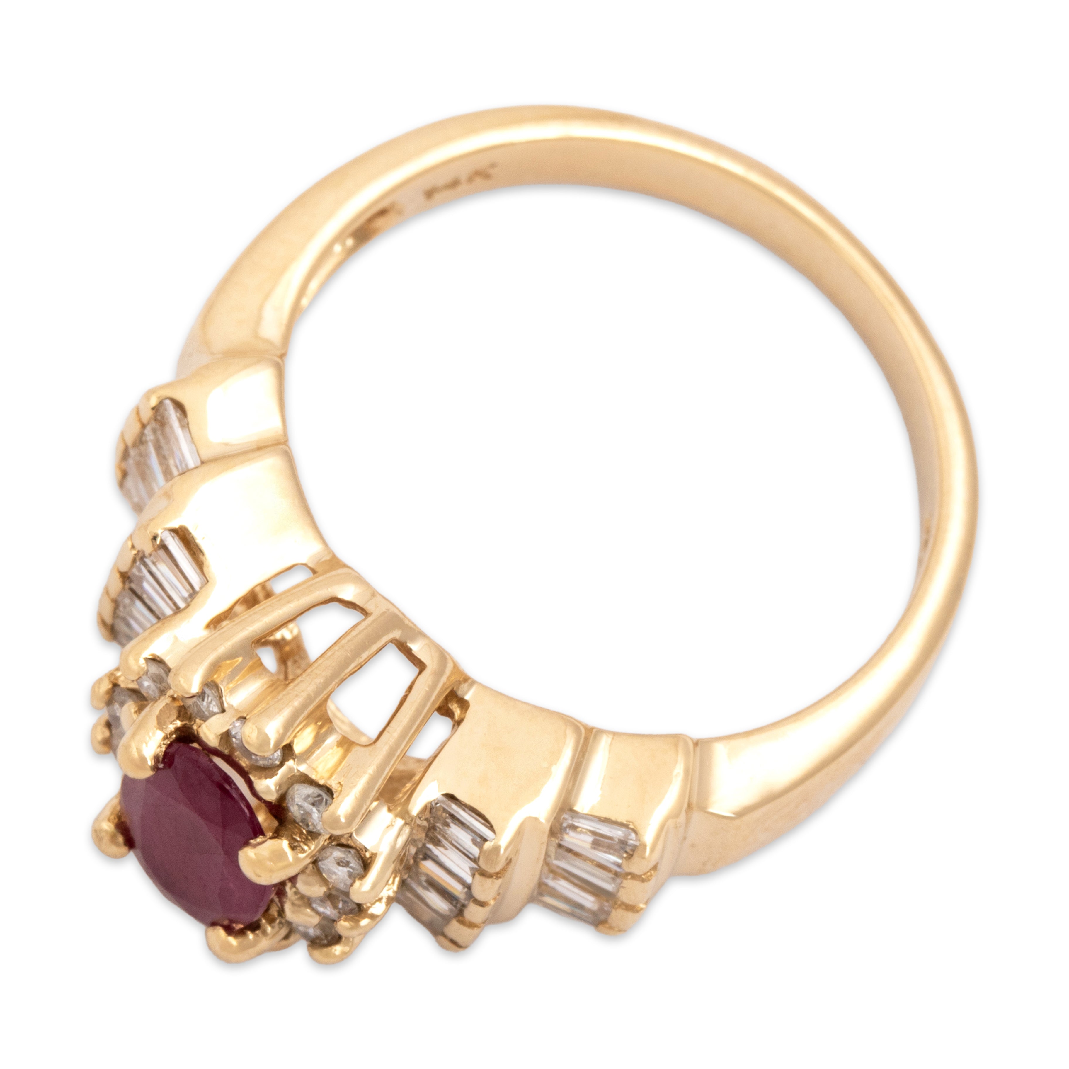Vintage 14k Yellow Gold .77ct Ruby Diamond Striking Baguette Step Shoulder Ring - Overall view