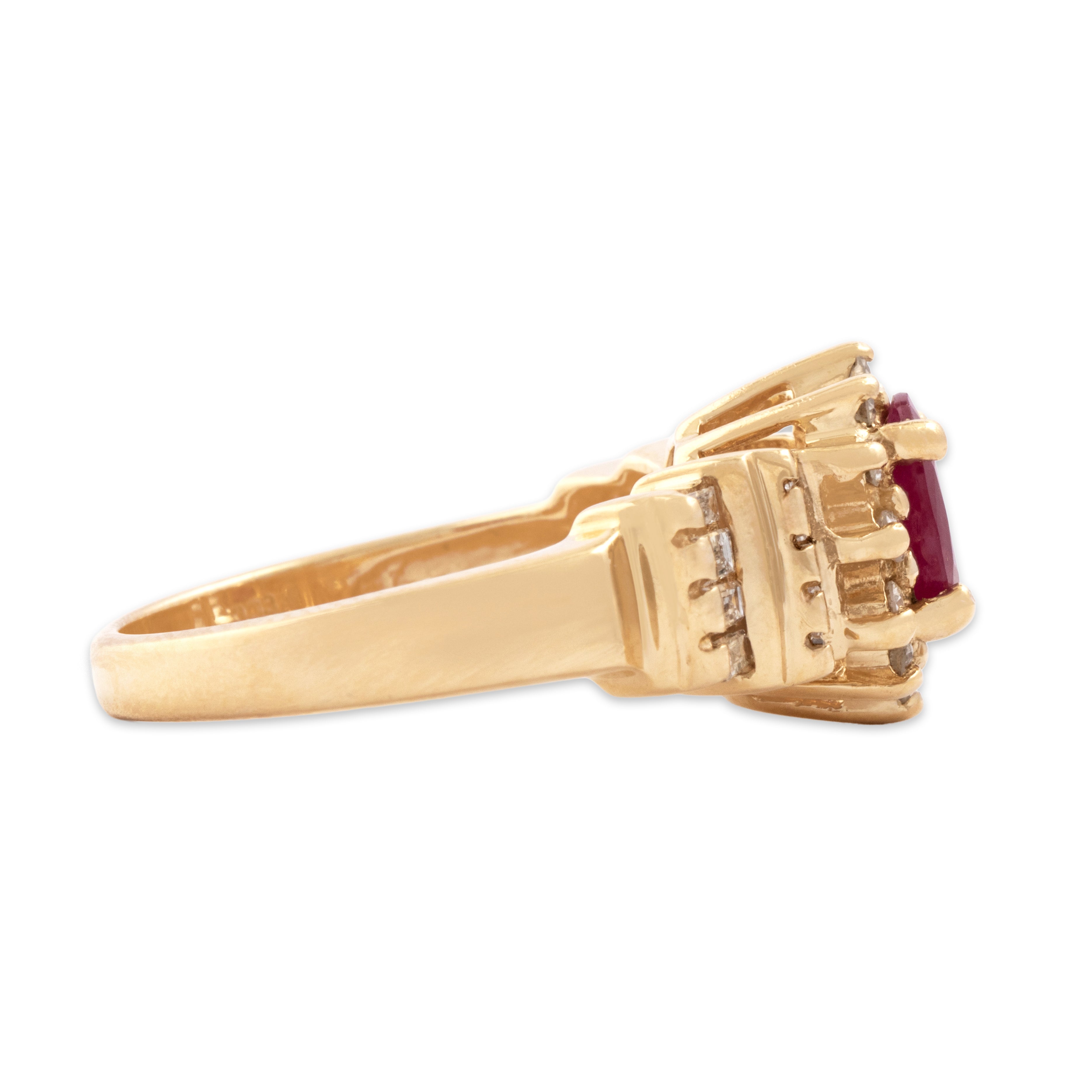 Vintage 14k Yellow Gold .77ct Ruby Diamond Striking Baguette Step Shoulder Ring - Side view