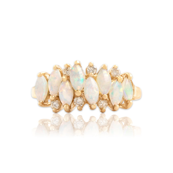 Vintage 14k Yellow Gold .54cttw Opal Diamond Iridescent Cabochon Line Ring 6.00
