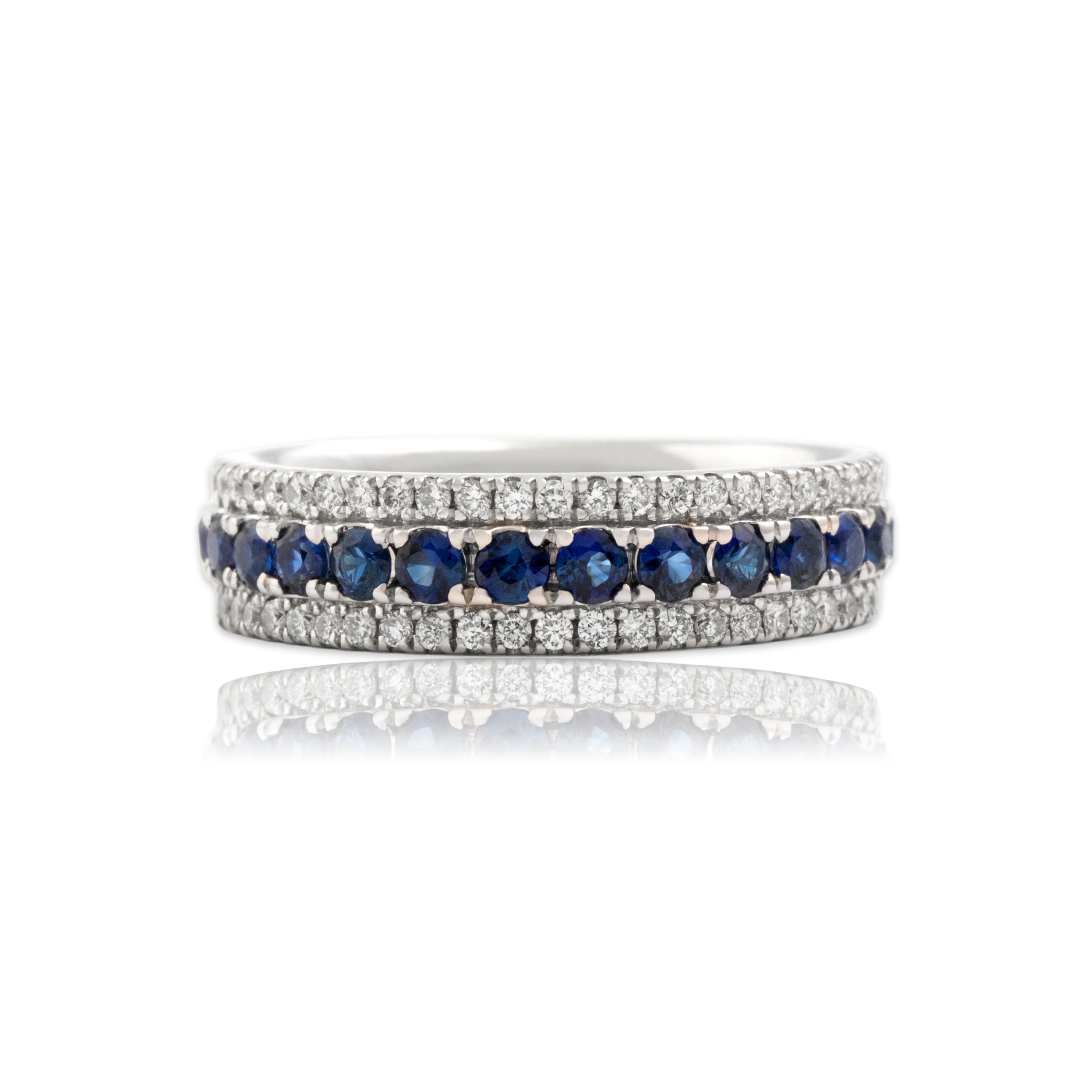 Estate 14k White Gold .55cttw Blue Sapphire Diamond Sparkling Trio Line Band Ring - Close-up view