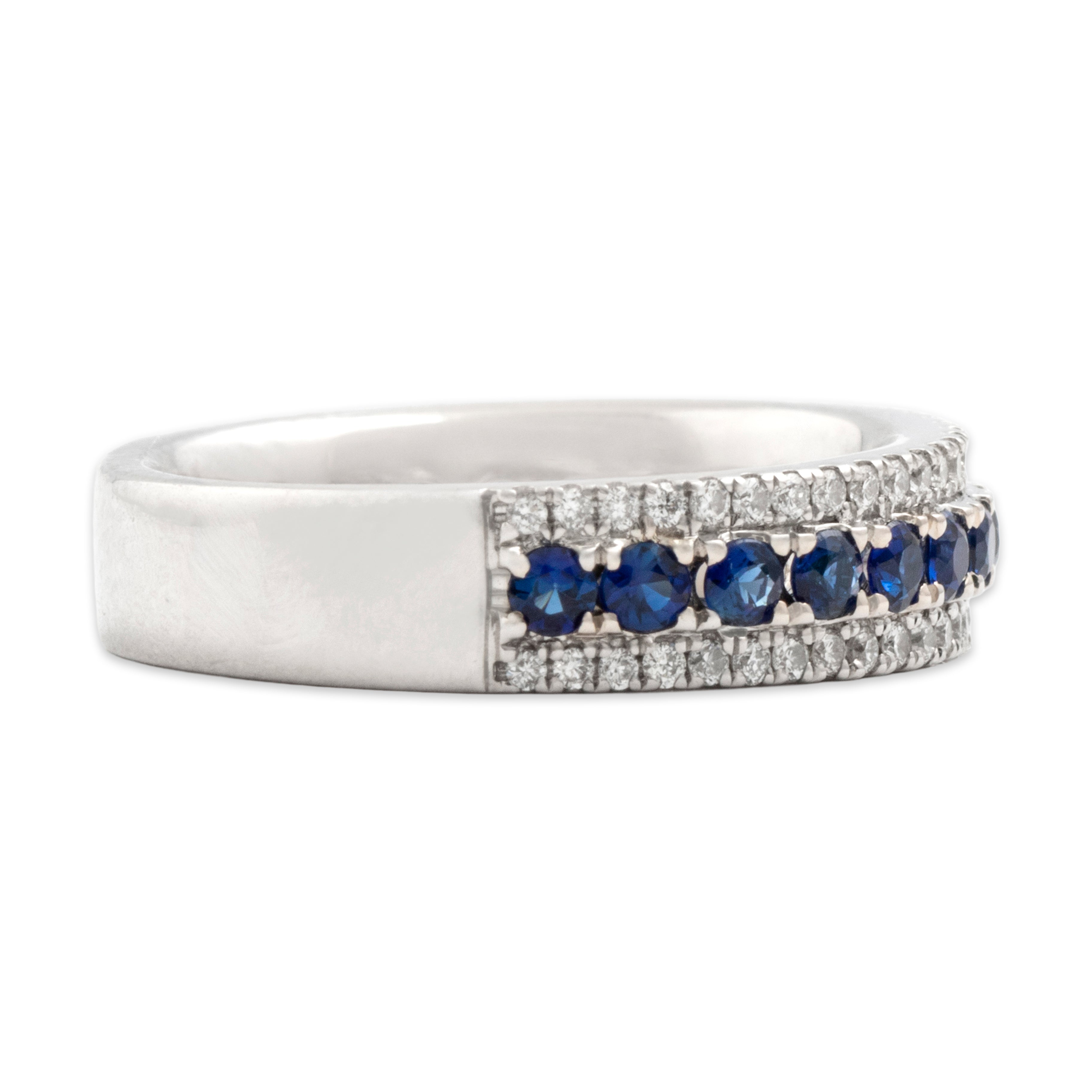 Estate 14k White Gold .55cttw Blue Sapphire Diamond Sparkling Trio Line Band Ring - Side view