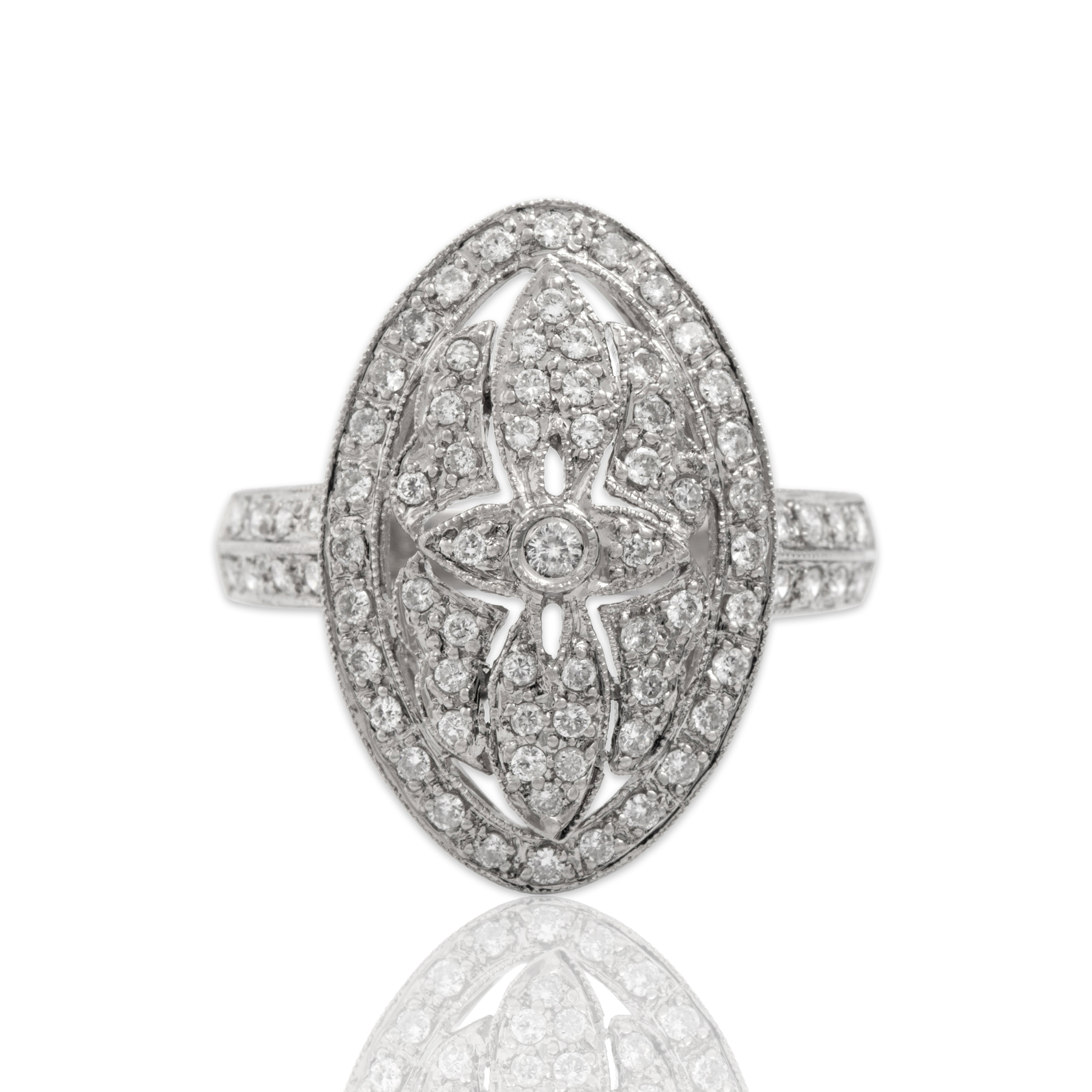 Vintage 18k White Gold Diamond Stunning Openwork Shield Ring - Close-up view