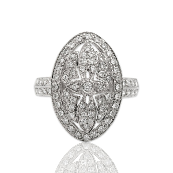 Vintage 18k White Gold Diamond Stunning Openwork Shield Ring 5.00