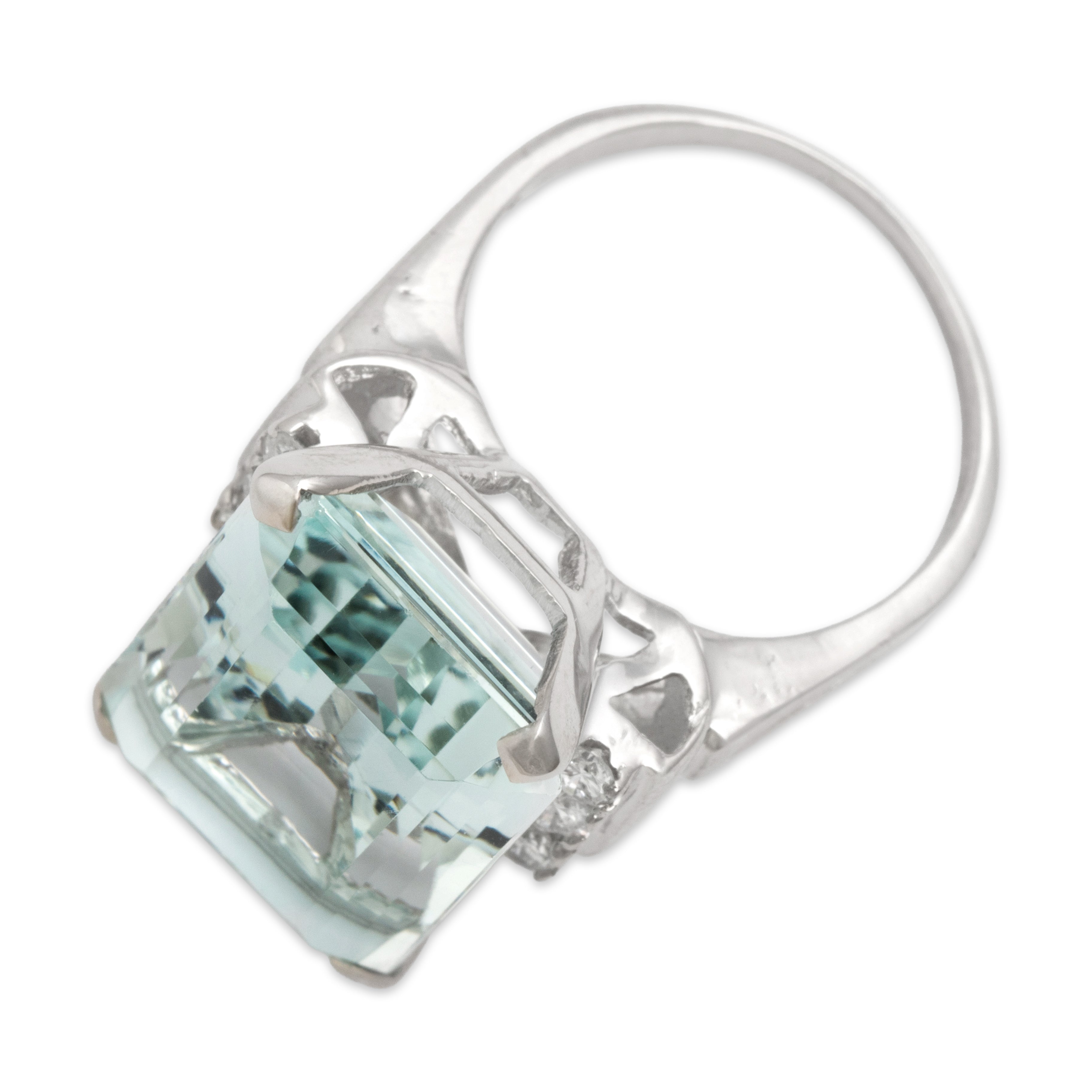 Vintage Large 14k White Gold 13.75ct Aquamarine Diamond Glamorous Cocktail Ring 6.75
