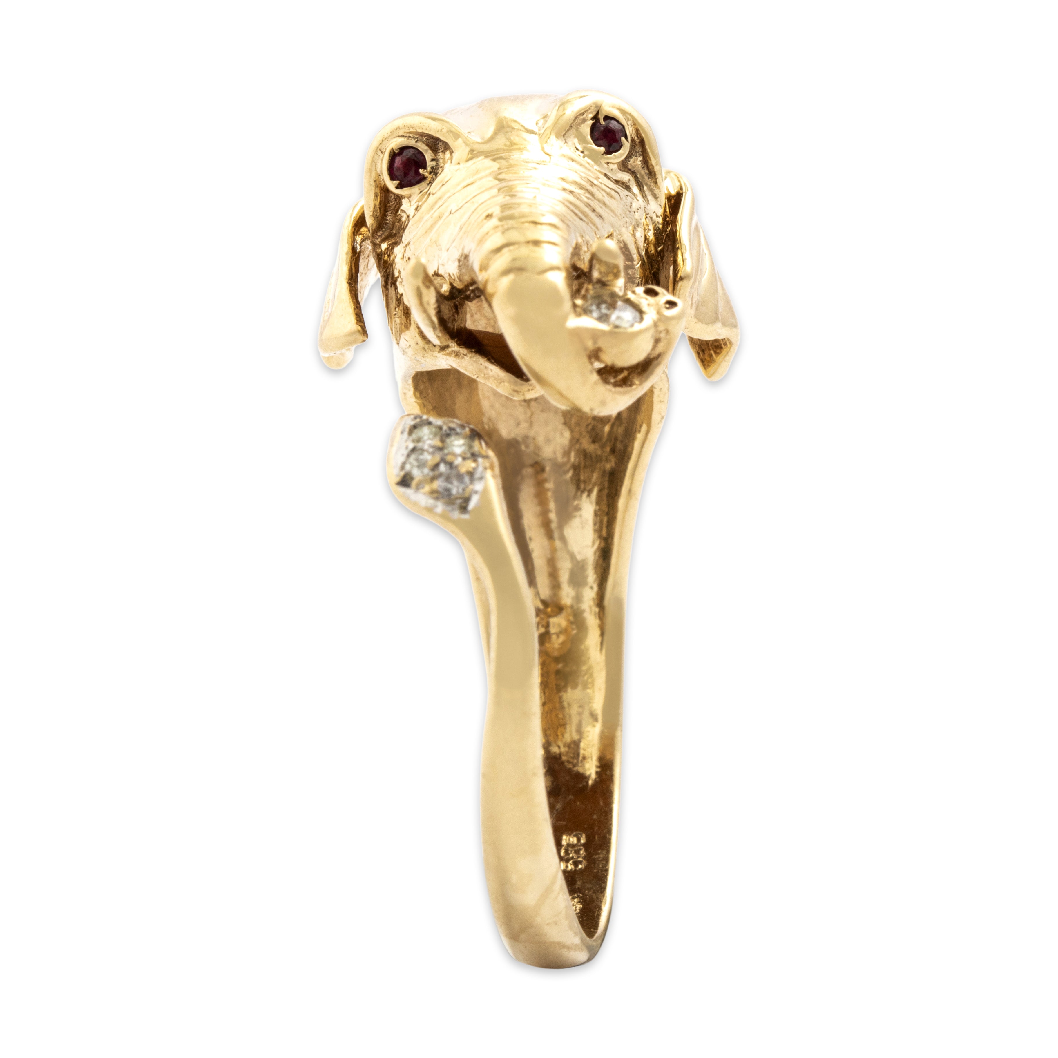 Vintage 14k Yellow Gold Diamond Ruby Whimsical Figural Elephant Ring - detail view #1