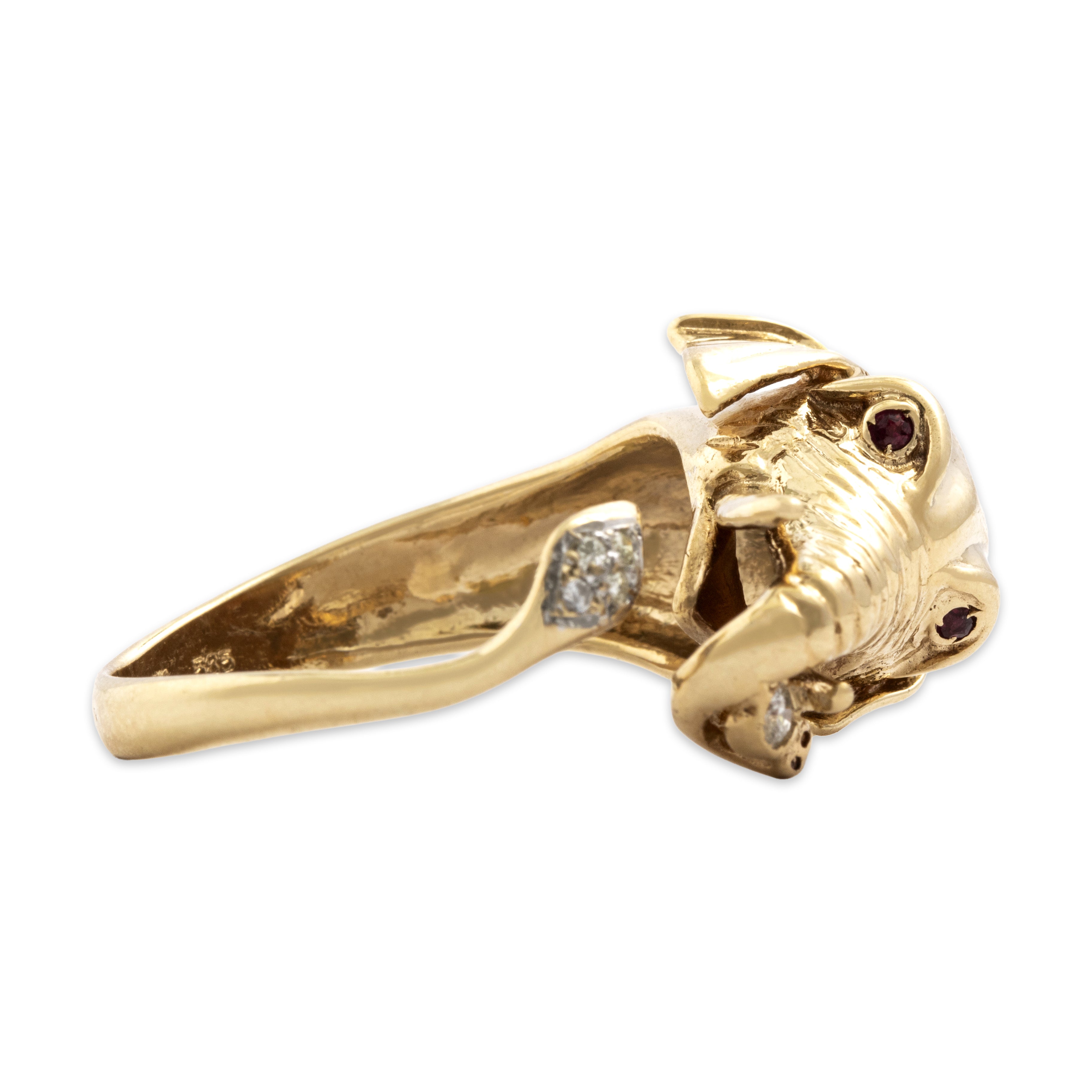 Vintage 14k Yellow Gold Diamond Ruby Whimsical Figural Elephant Ring - Side view