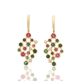 Vintage Large 14k Yellow Gold 4.03cttw Multi-Color Tourmaline Diamond Drop Earrings