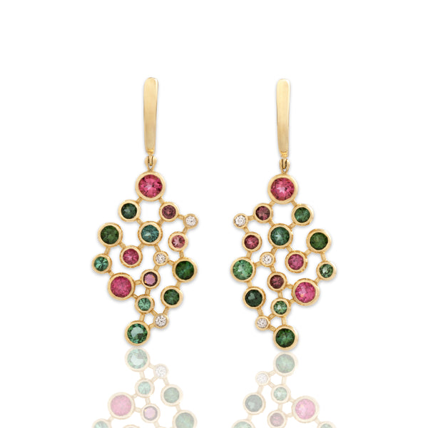 Vintage Large 14k Yellow Gold 4.03cttw Multi-Color Tourmaline Diamond Drop Earrings