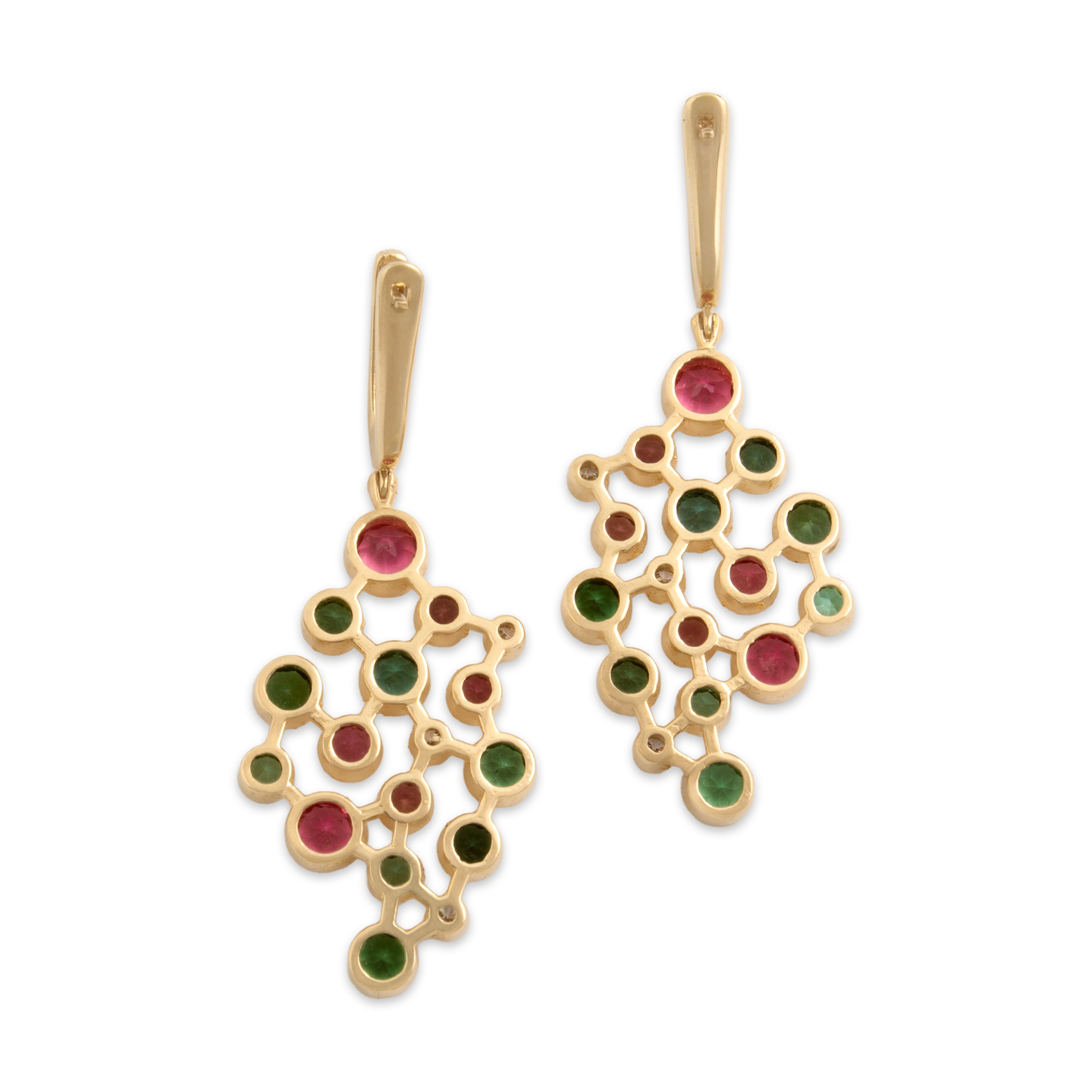Vintage Large 14k Yellow Gold 4.03cttw Pink & Green Tourmaline Diamond Cloud Cluster Dangle Earrings - Back view
