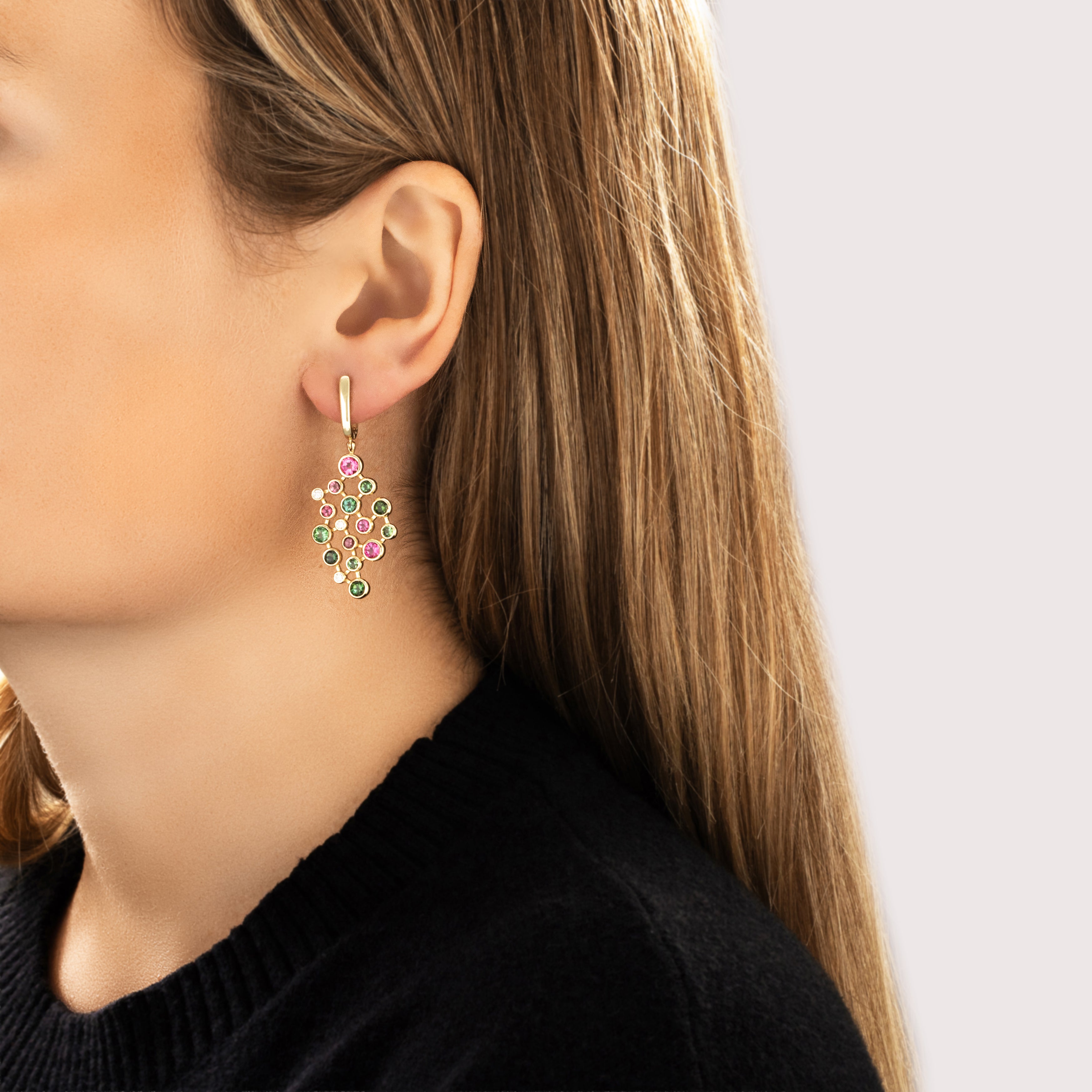 Vintage Large 14k Yellow Gold 4.03cttw Pink & Green Tourmaline Diamond Cloud Cluster Dangle Earrings - On model view