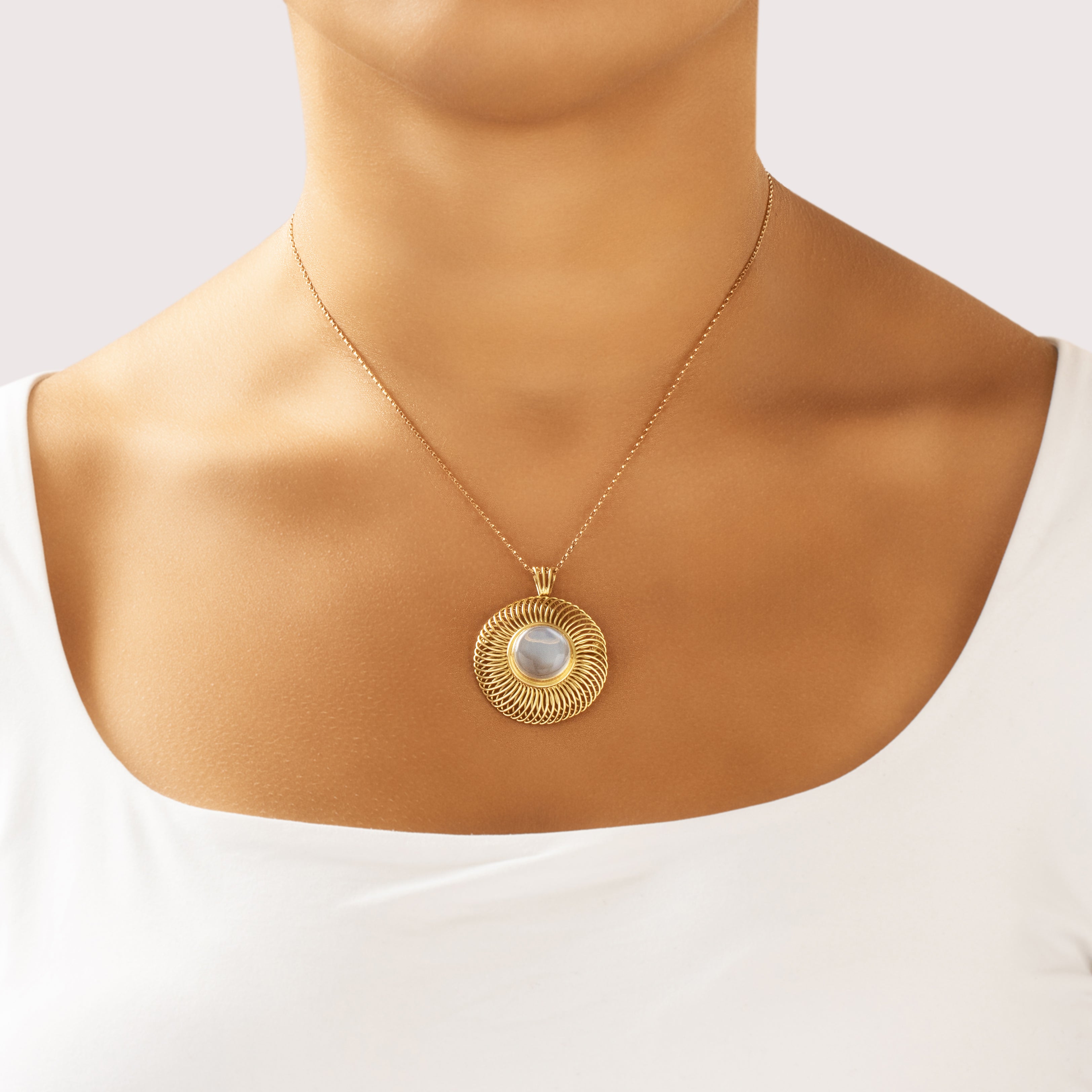 Vintage Substantial 18k Yellow Gold 5.06ct Moonstone Fantastic Swirling Luminous Cabochon Pin / Pendant - On model view