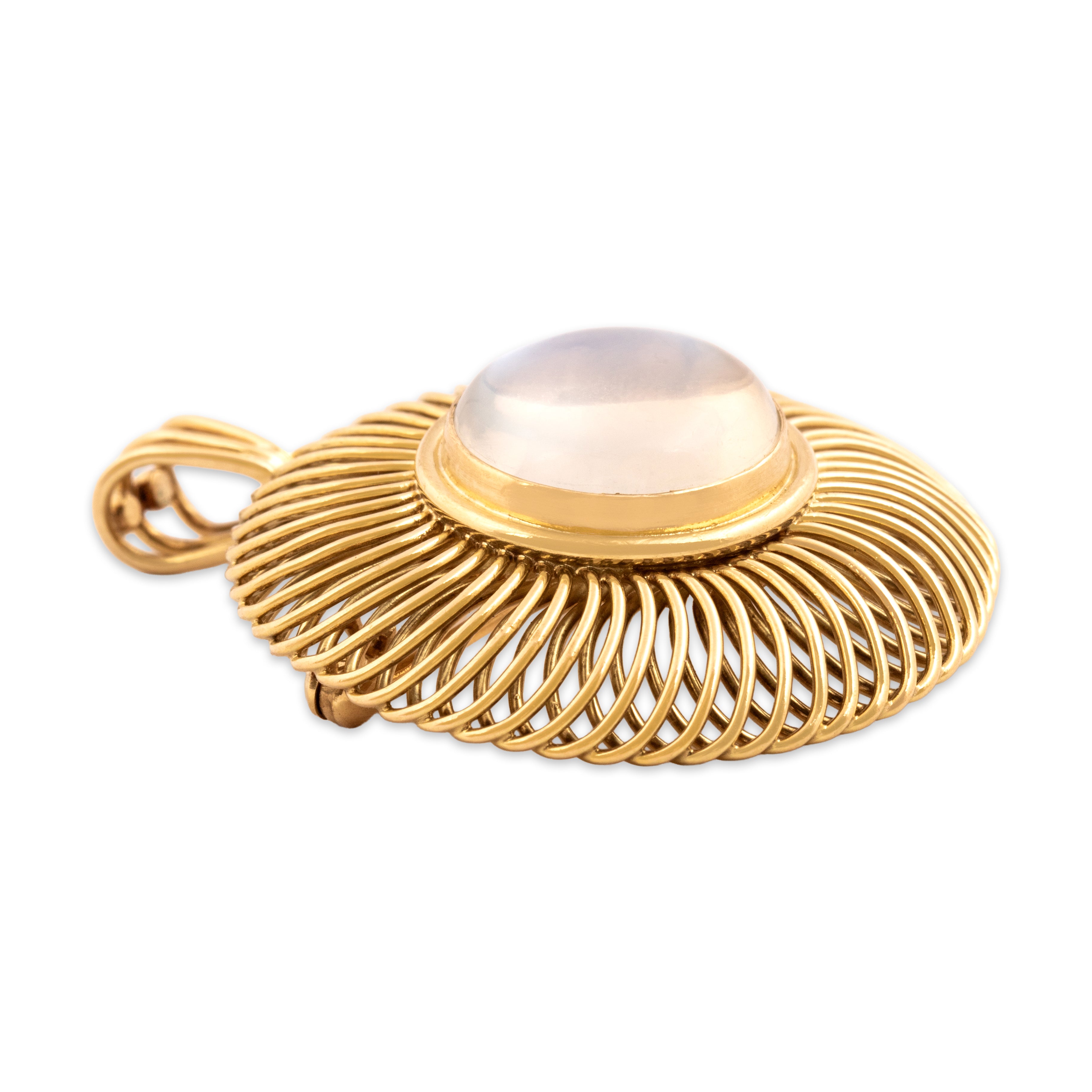 Vintage Substantial 18k Yellow Gold 5.06ct Moonstone Fantastic Swirling Luminous Cabochon Pin / Pendant - Side view