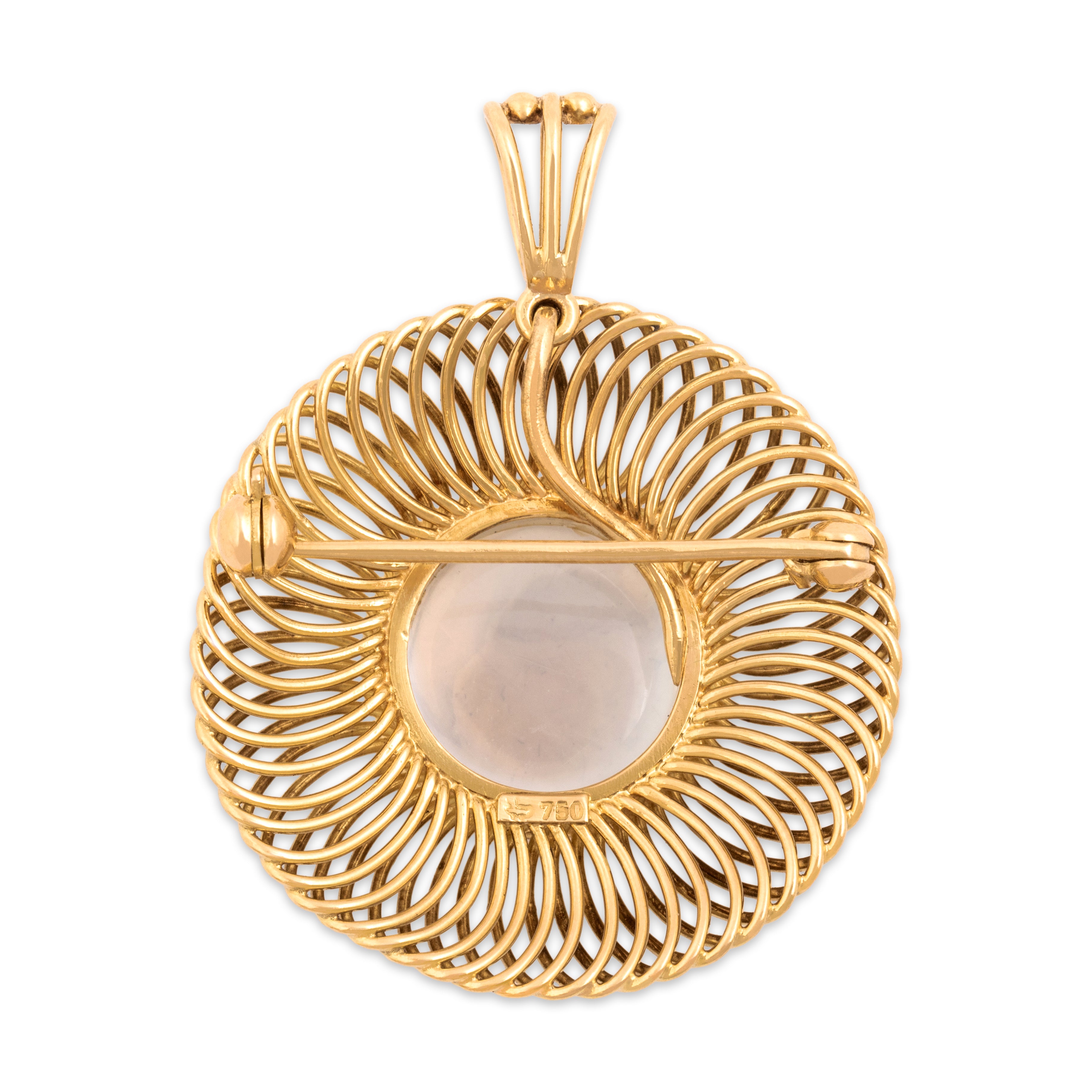 Vintage Substantial 18k Yellow Gold 5.06ct Moonstone Fantastic Swirling Luminous Cabochon Pin / Pendant - Back view
