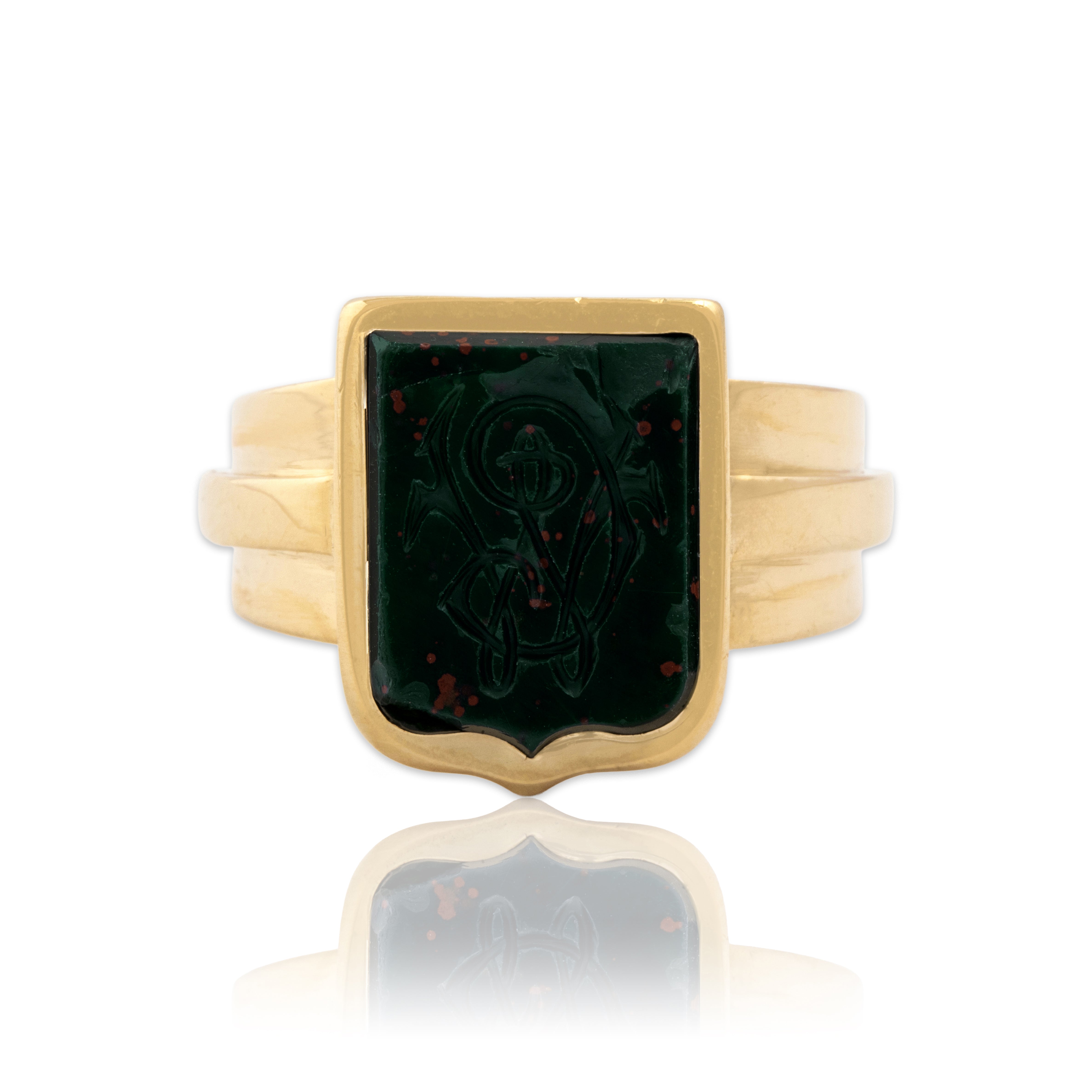 Antique 18k Yellow Gold 2.35ct Bloodstone Monogrammed Shield Signet Ring 7.50