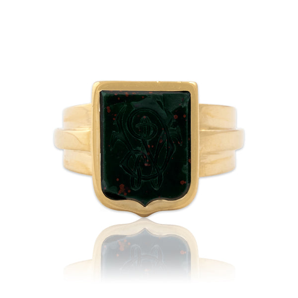 Antique 18k Yellow Gold 2.35ct Bloodstone Monogrammed Shield Signet Ring 7.50