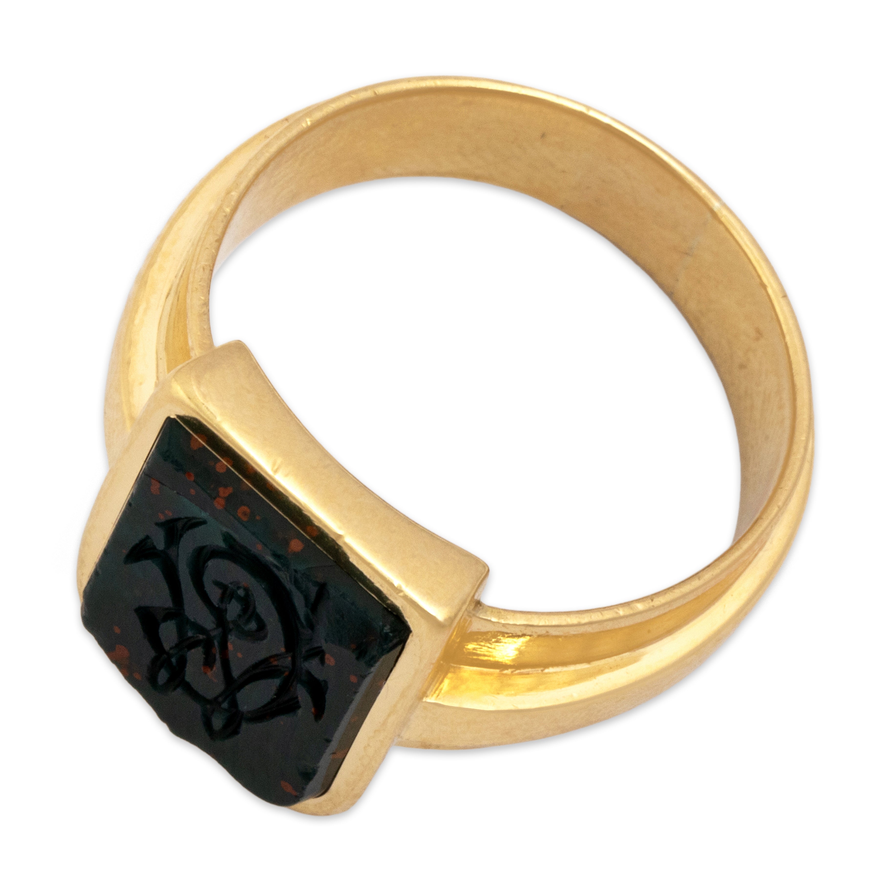 Antique 18k Yellow Gold 2.35ct Bloodstone Monogrammed Shield Signet Ring - Overall view