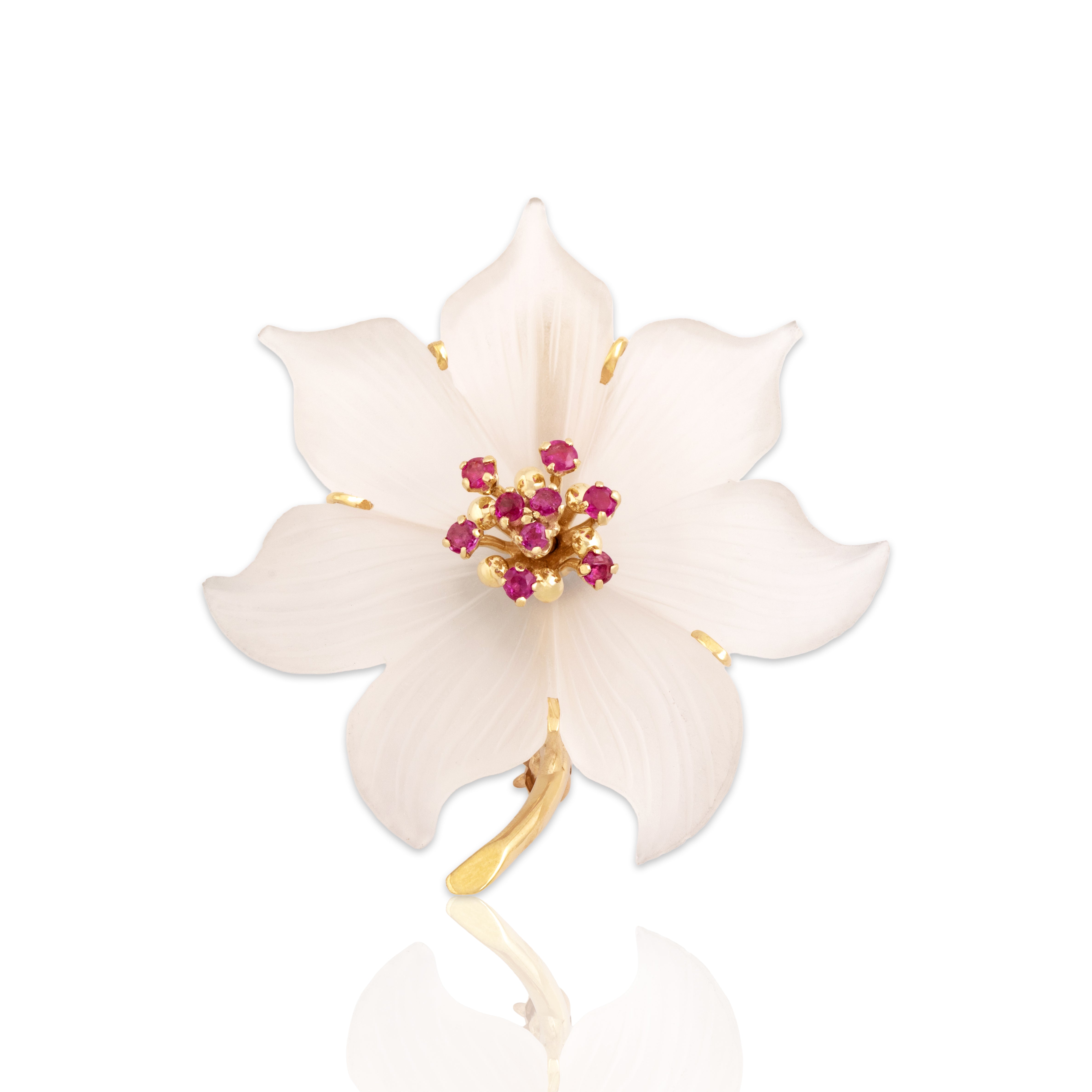 Vintage 14k Yellow Gold Ruby Frosty Rock Crystal Beautiful Tropical Flower Brooch / Pin - Close-up view