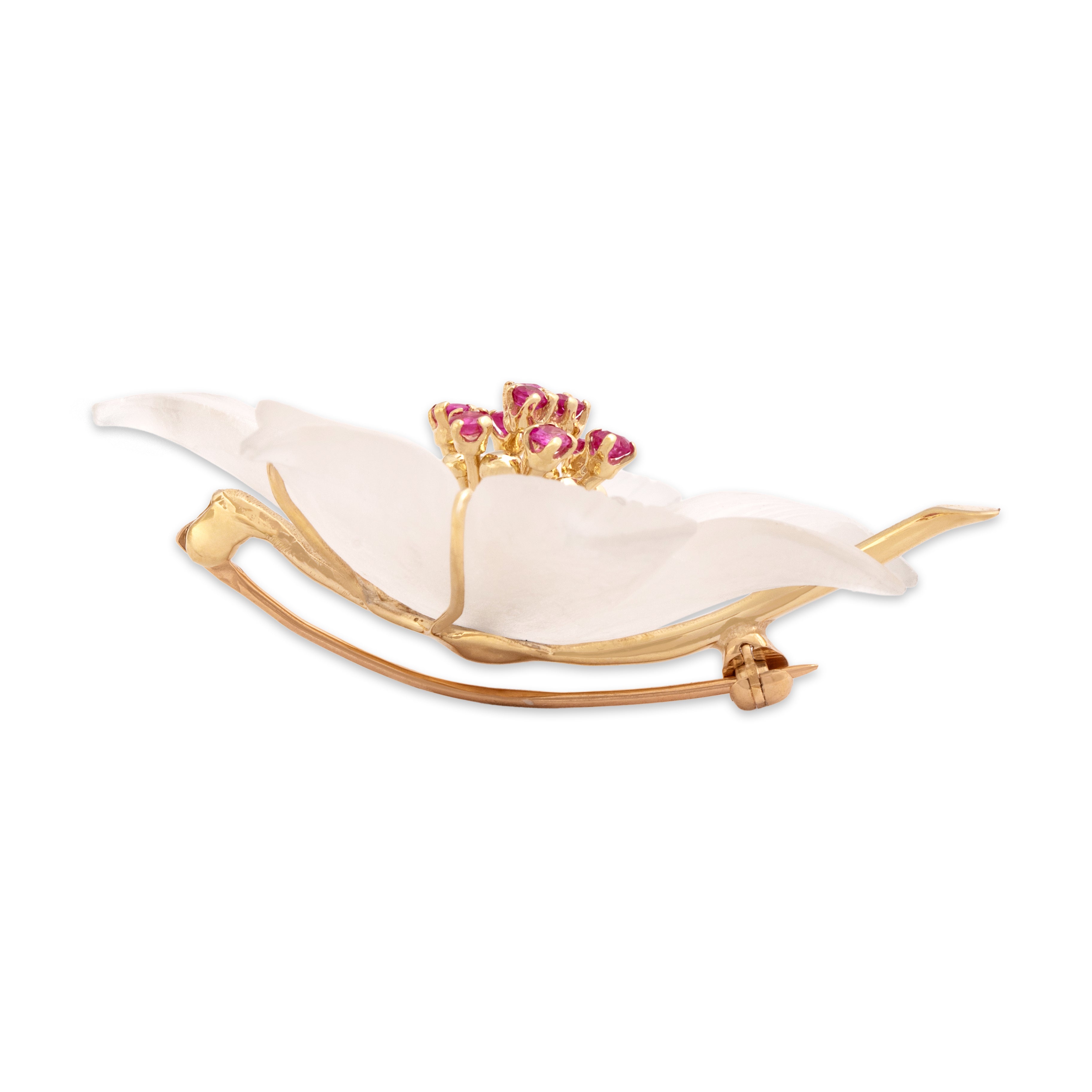 Vintage 14k Yellow Gold Ruby Frosty Rock Crystal Beautiful Tropical Flower Brooch / Pin - Side view