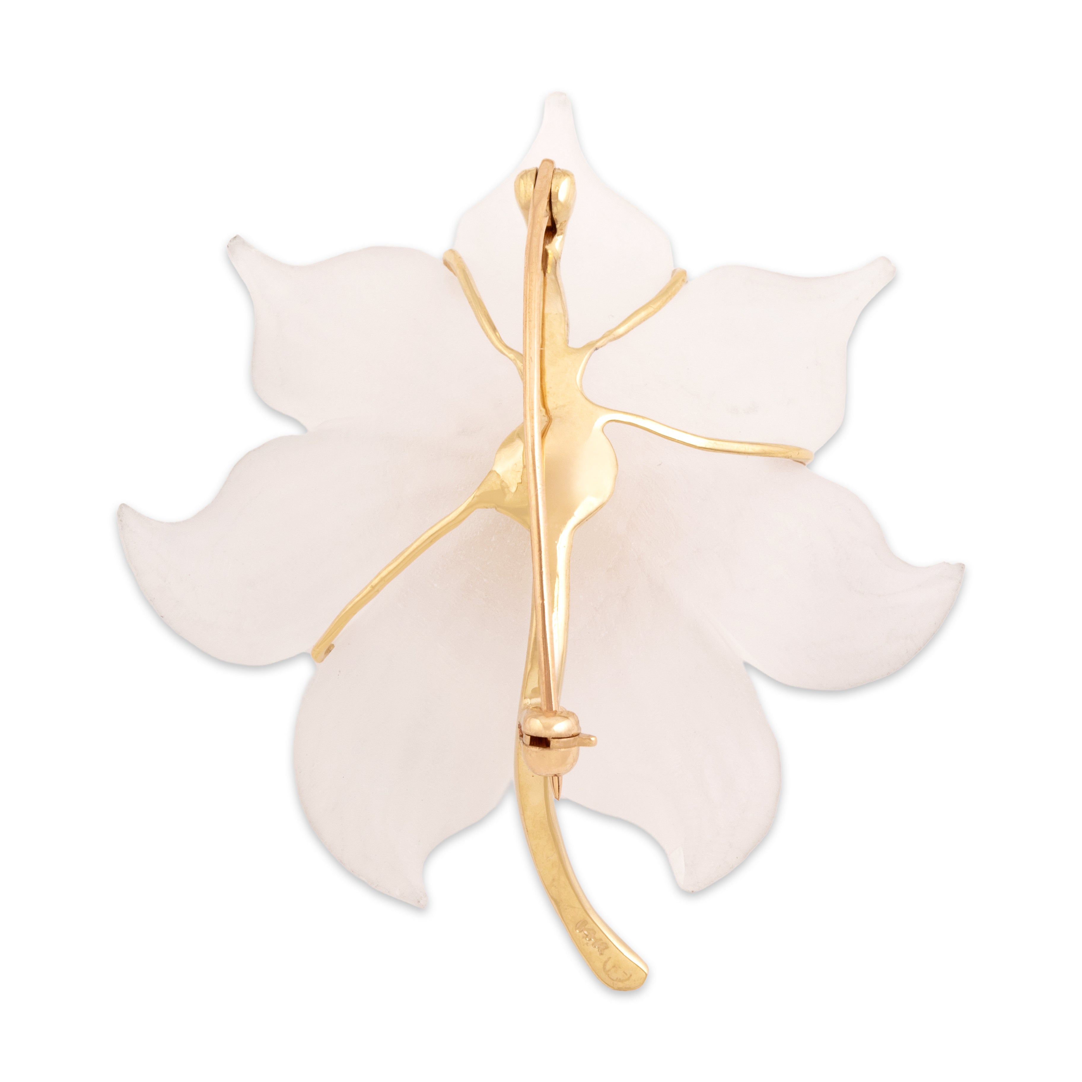 Vintage 14k Yellow Gold Ruby Frosty Rock Crystal Beautiful Tropical Flower Brooch / Pin - Back view