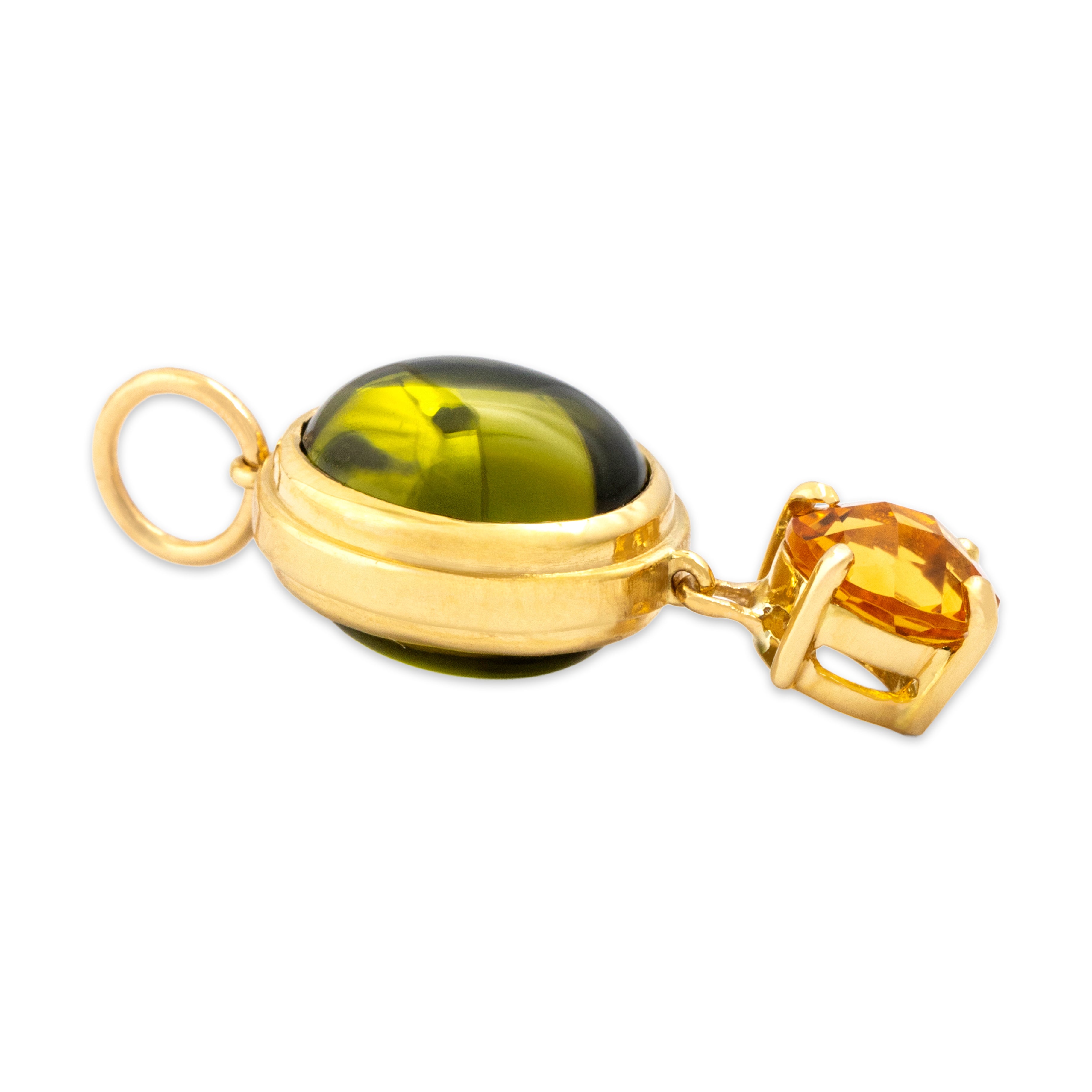 Vintage 18k Yellow Gold 6.63ct Peridot .89ct Citrine Earth-Toned Dangle Duo Pendant - Side view