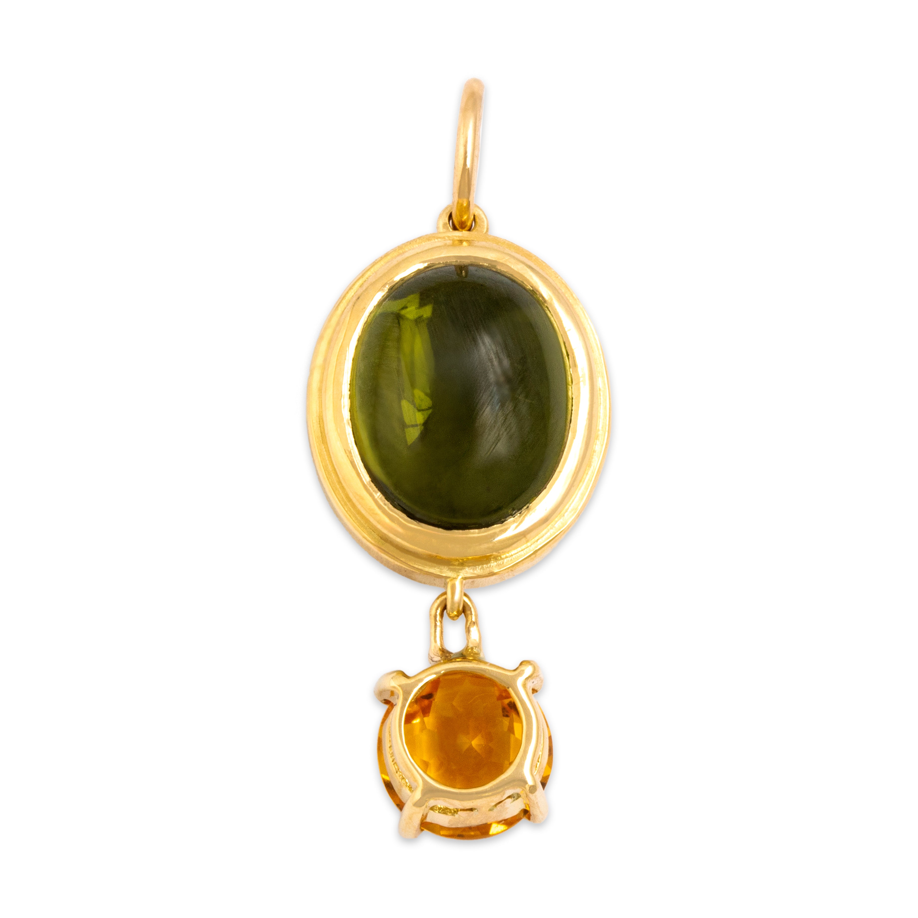 Vintage 18k Yellow Gold 6.63ct Peridot .89ct Citrine Earth-Toned Dangle Duo Pendant - Back view