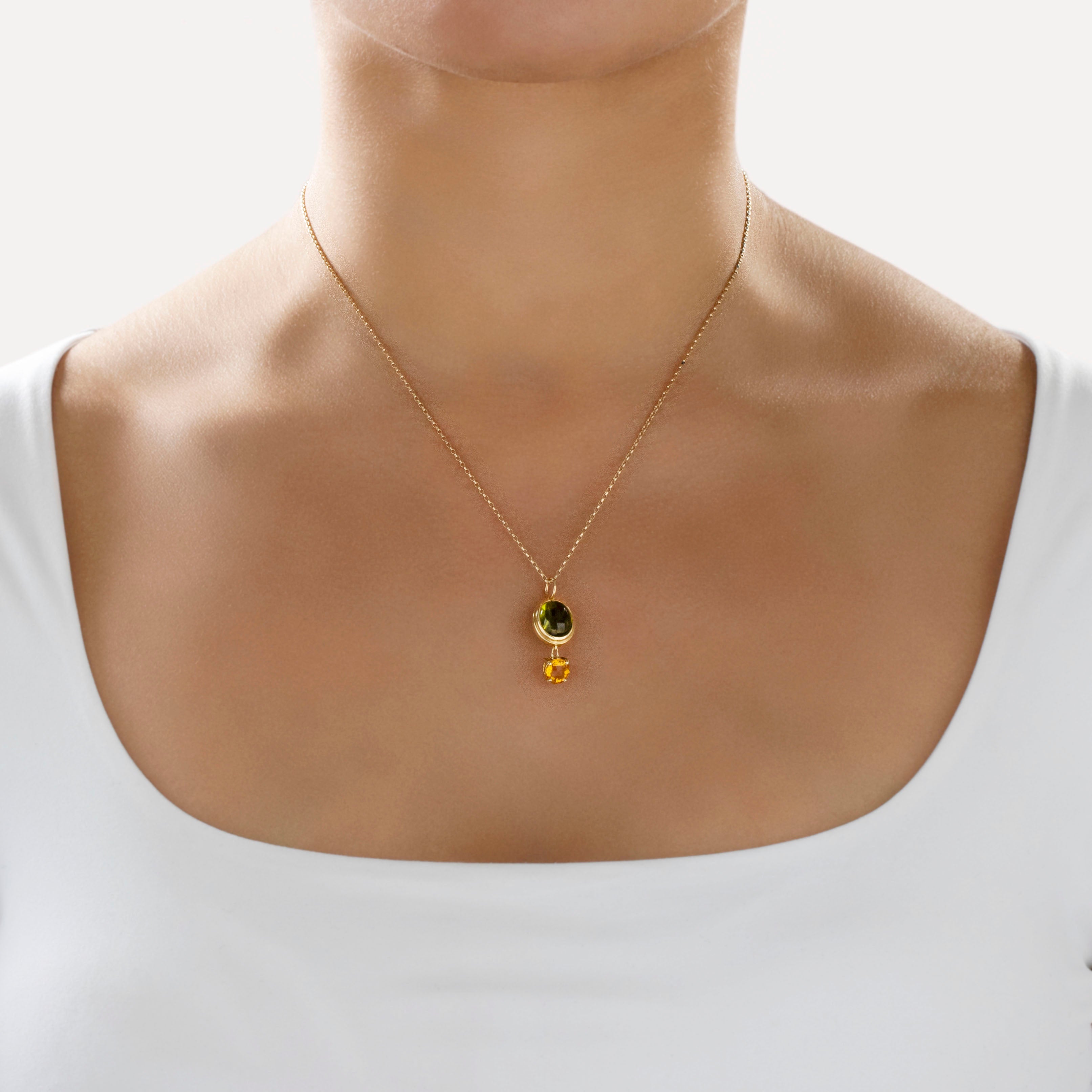 Vintage 18k Yellow Gold 6.63ct Peridot .89ct Citrine Earth-Toned Duo Dangle Pendant