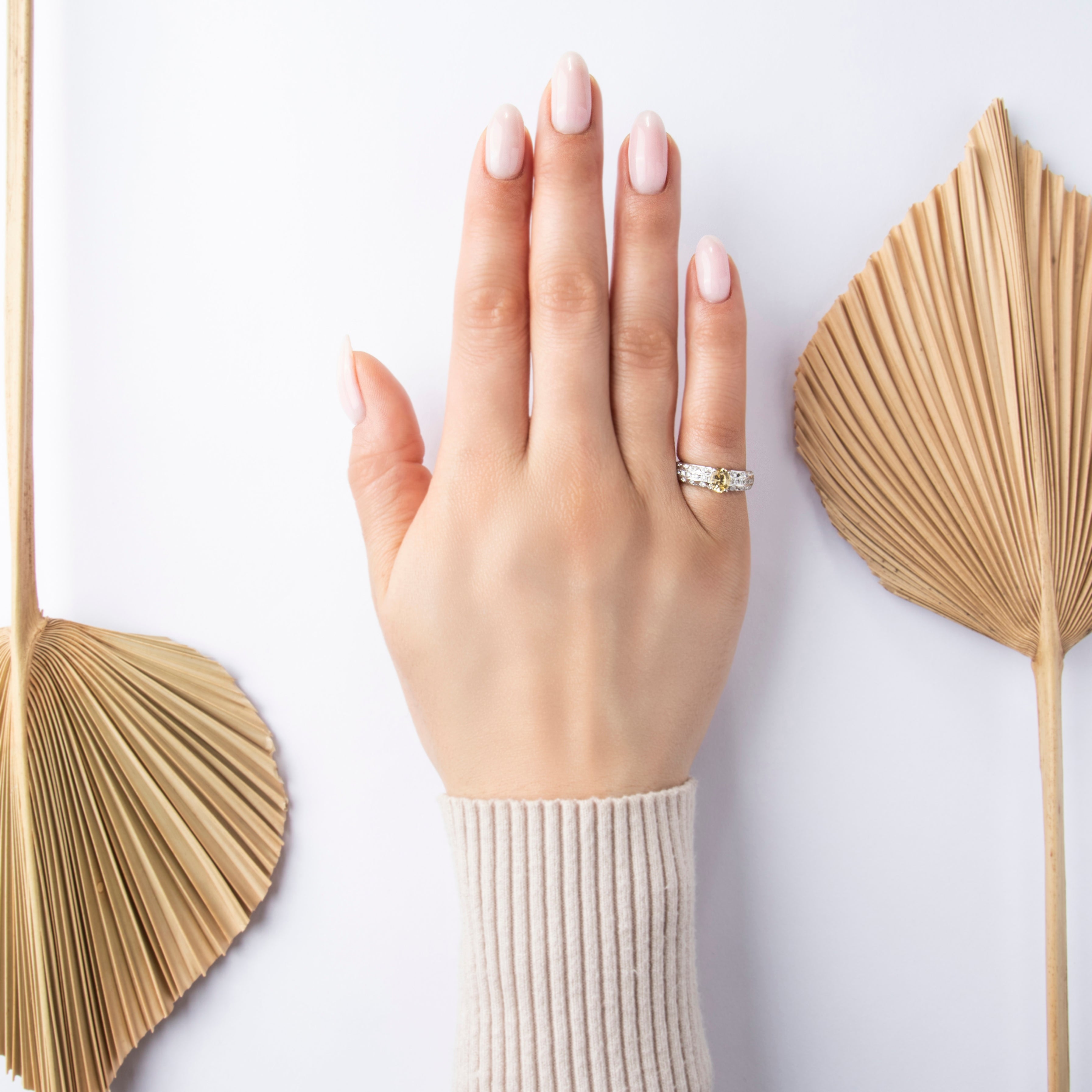 Vintage Platinum .78ct Yellow Sapphire Diamond Heavy Waving Glimmer Ring - On model view