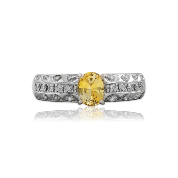 Vintage Platinum .78ct Yellow Sapphire Diamond Heavy Waving Glimmer Ring 6.00