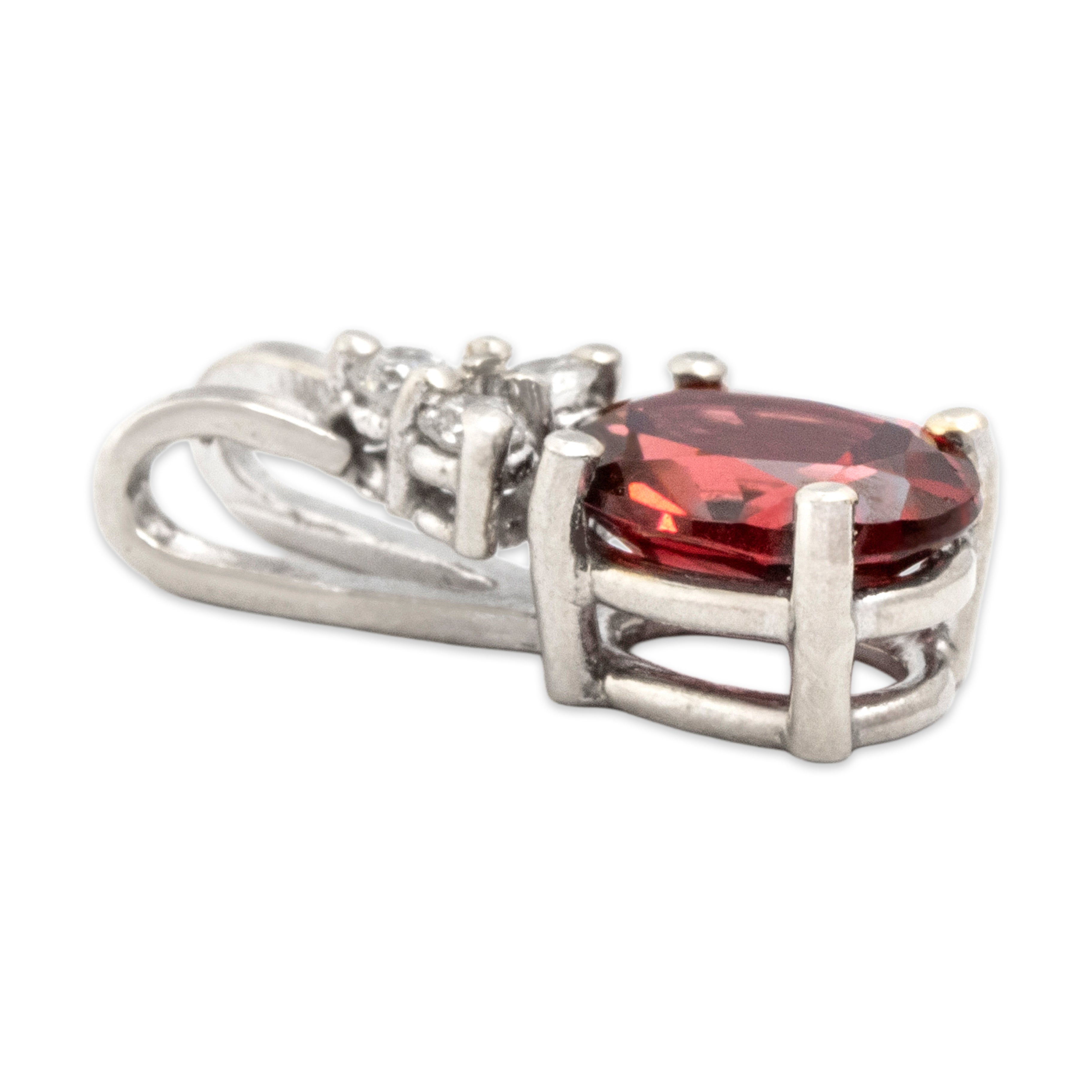 Vintage 14k White Gold .91ct Garnet Diamond Small Fantastic Brilliant Oval Pendant - Side view