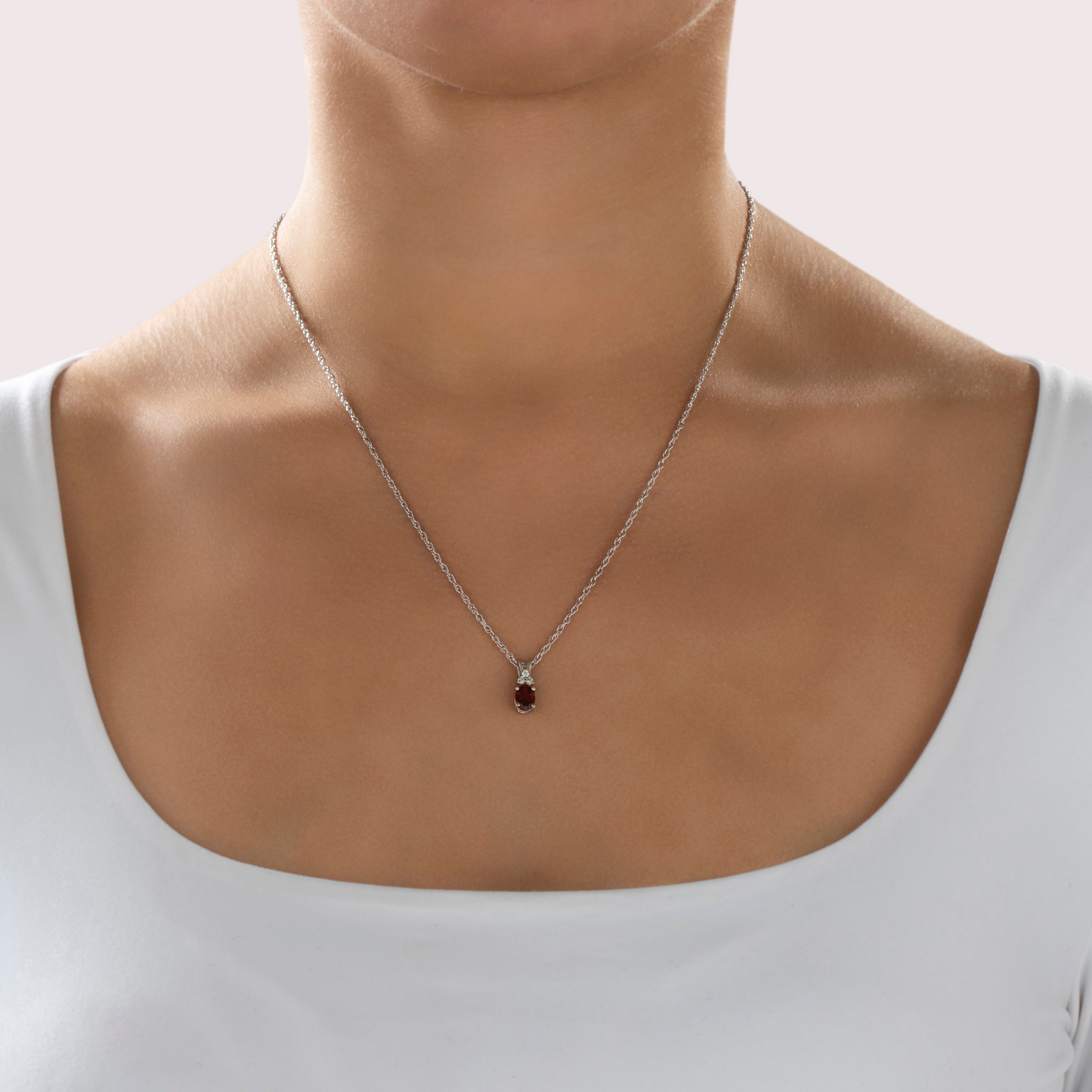 Vintage 14k White Gold .91ct Garnet Diamond Small Fantastic Brilliant Oval Pendant - On model view