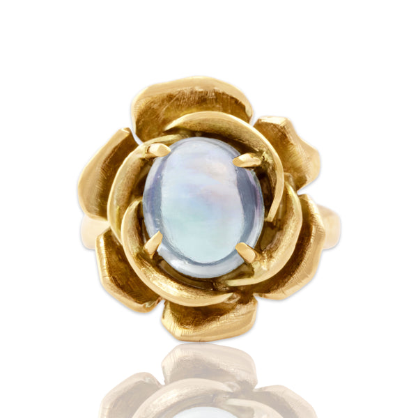 Vintage 14k Yellow Gold 3.85ct Moonstone Blooming Rose Statement Ring 6.50