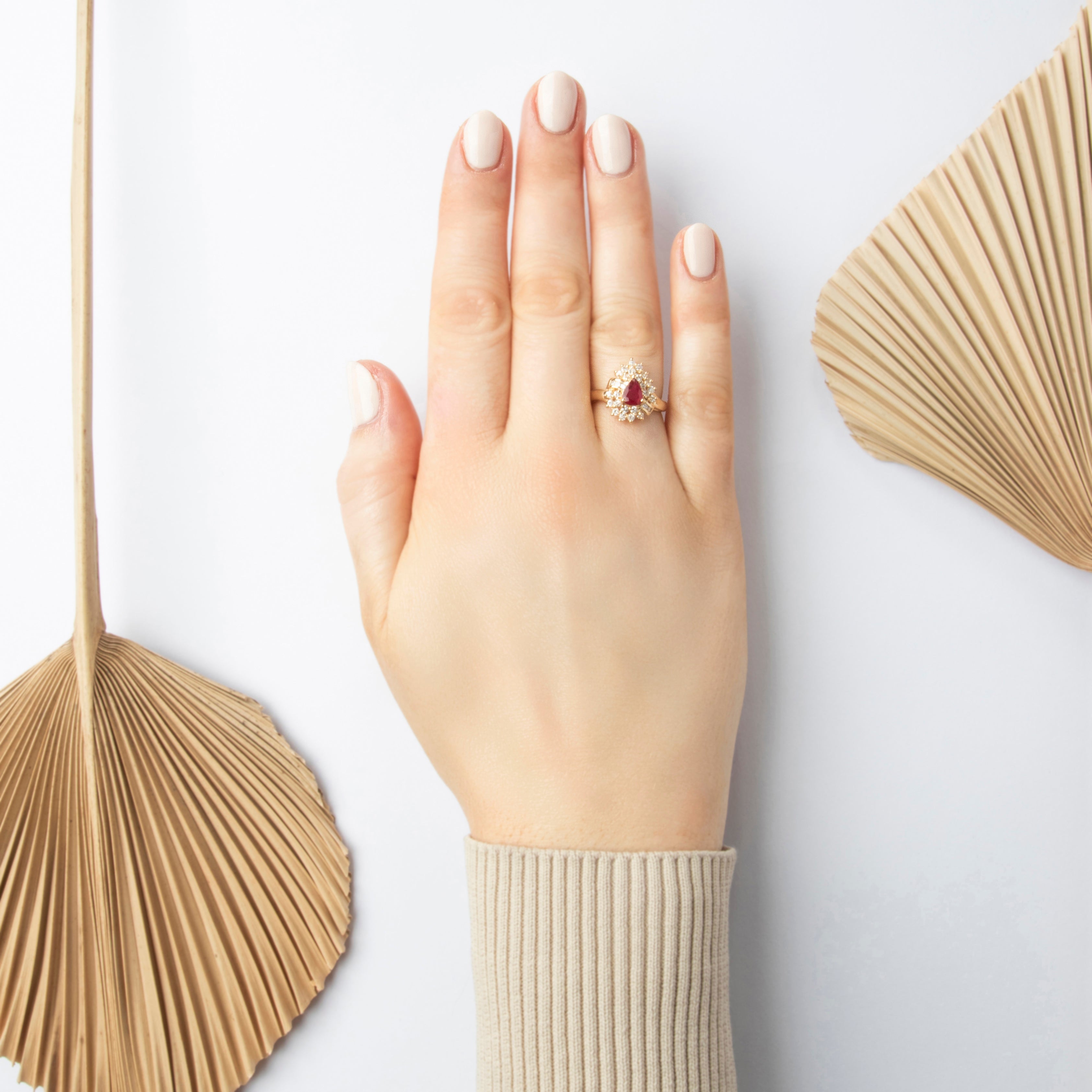 Vintage 14k Yellow Gold .69ct Ruby Diamond Sparkling Pear Cluster Ring - On model view