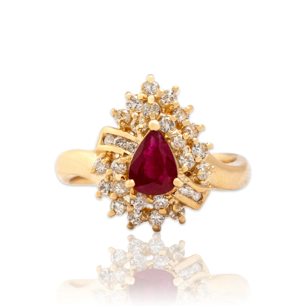 Vintage 14k Yellow Gold .69ct Ruby Diamond Sparkling Pear Cluster Ring 6.25