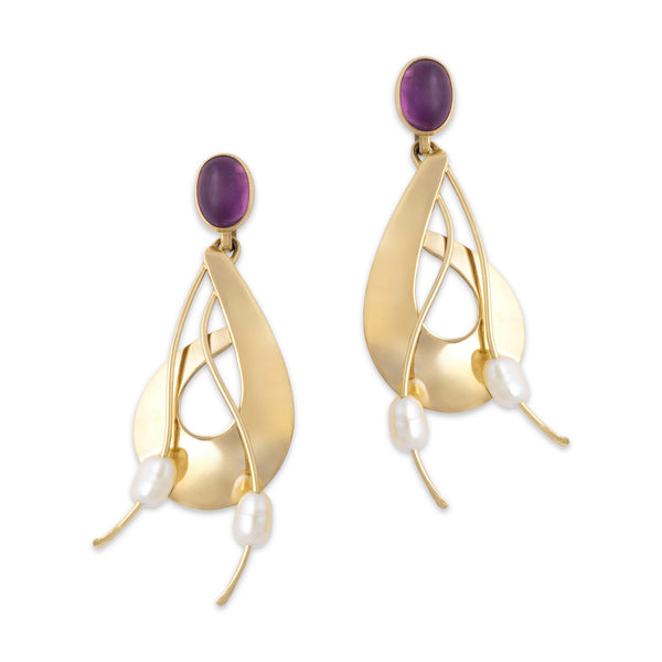 Vintage Large 14k Yellow Gold 1.98cttw Amethyst Pearl Artistic Dangle Earrings