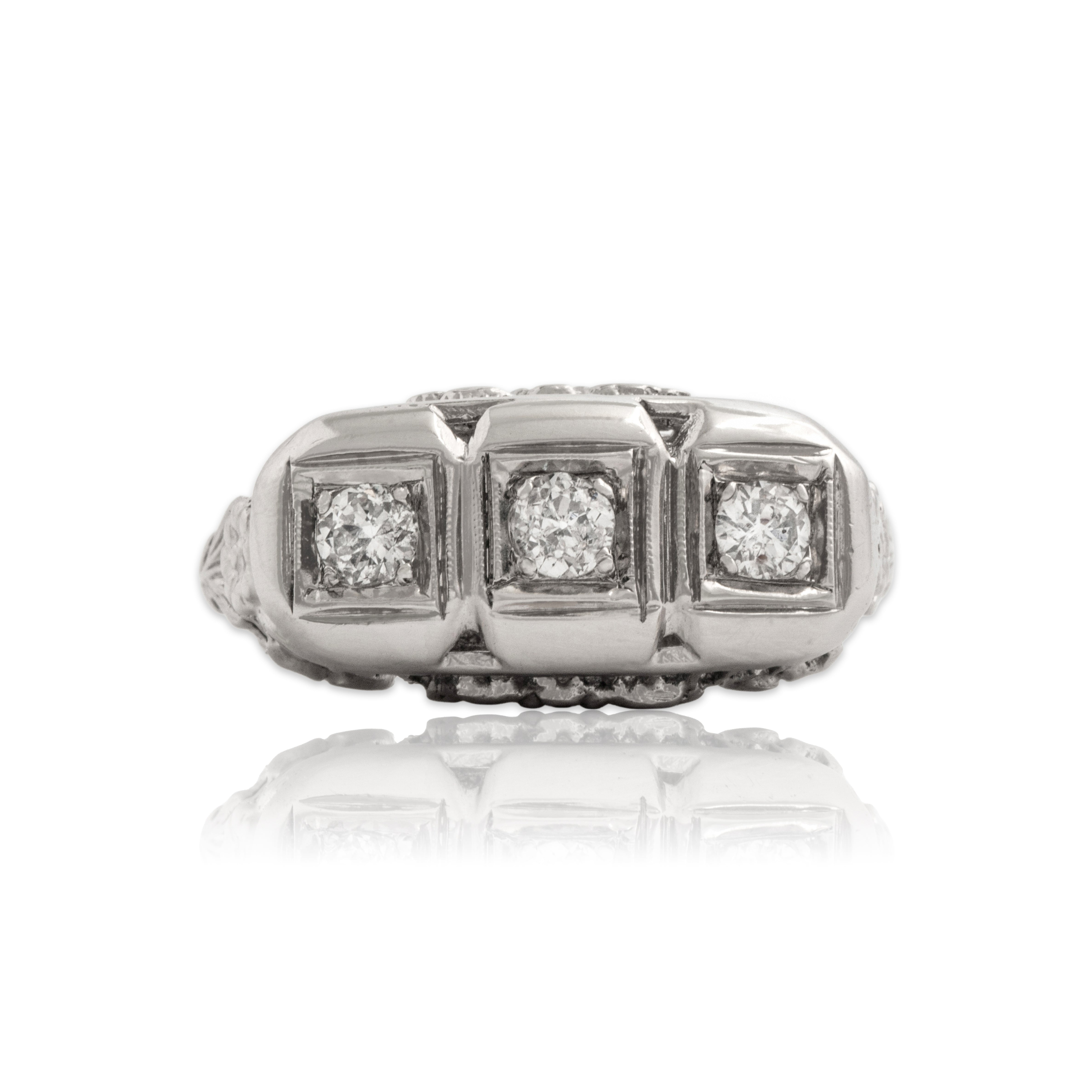 Antique 14k White Gold Old Mine Cut Diamond Stunning Floral Openwork Three-Stone Bar Ring - Close-up view