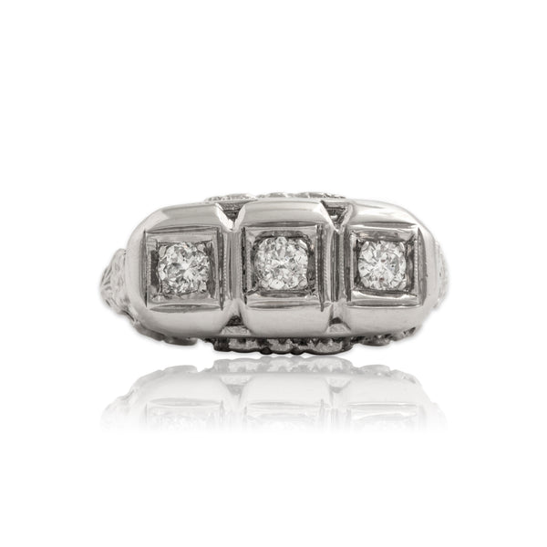 Antique 14k White Gold Old Mine Cut Diamond Stunning Floral Openwork Bar Ring 5.75