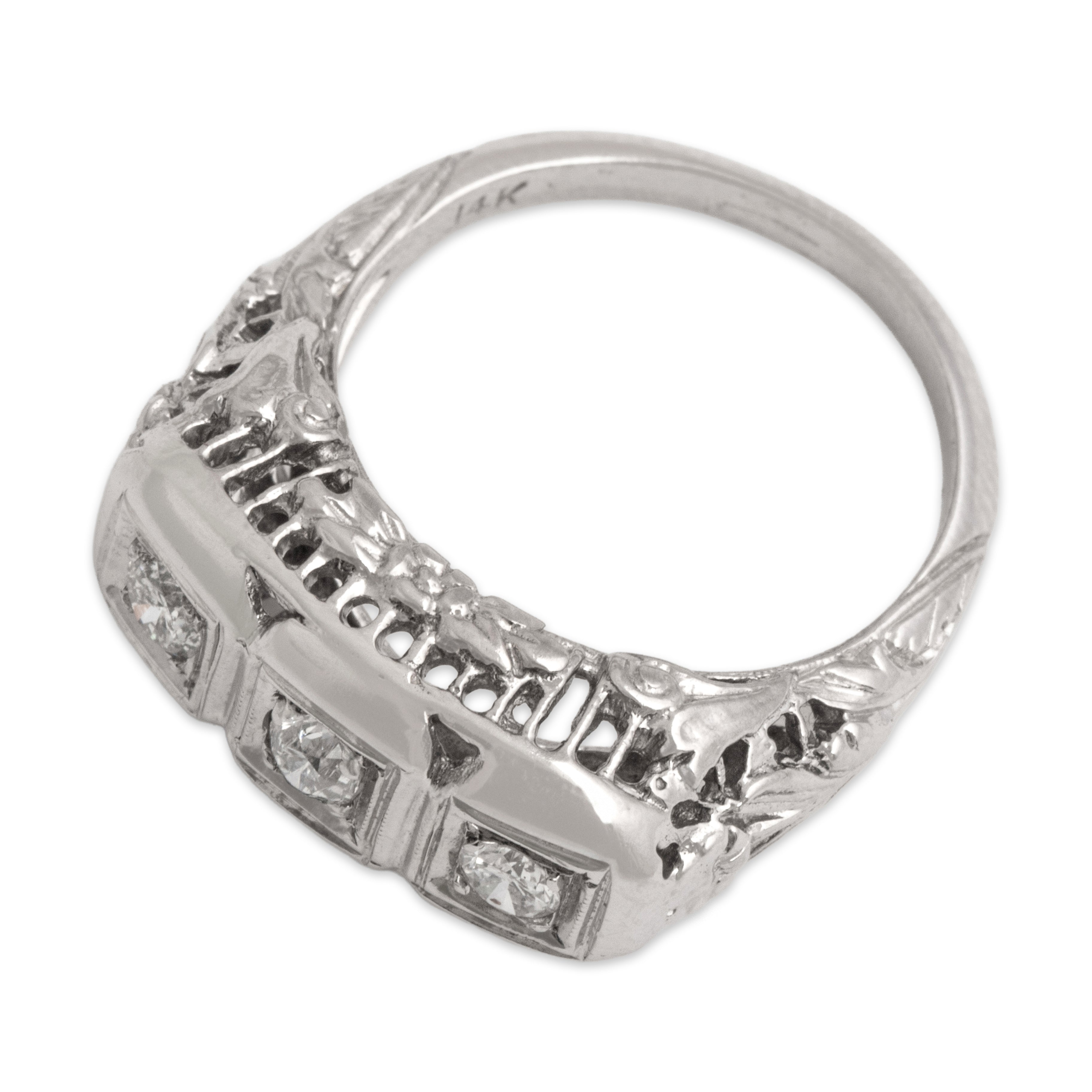Antique 14k White Gold Old Mine Cut Diamond Stunning Floral Openwork Three-Stone Bar Ring - Overall view