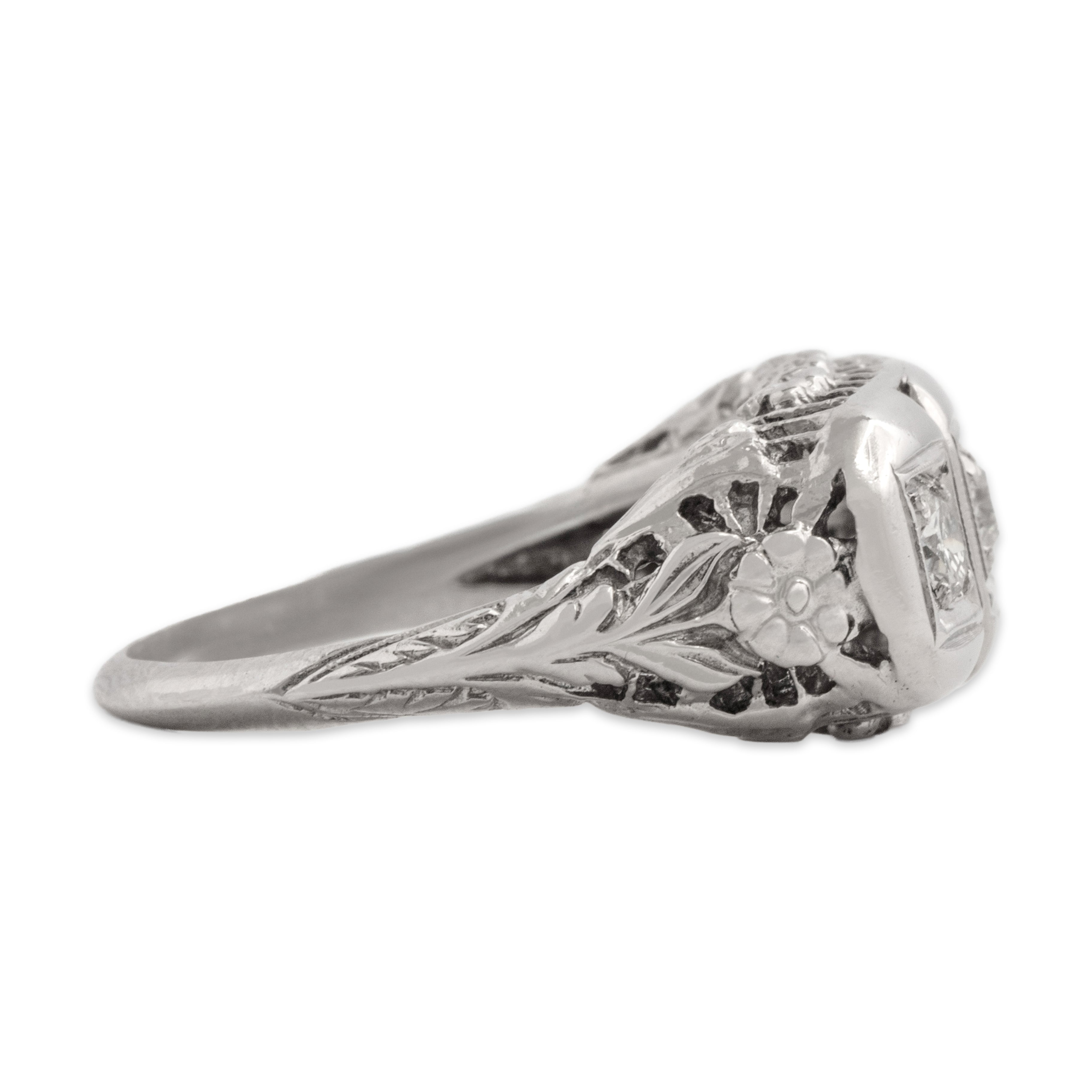Antique 14k White Gold Old Mine Cut Diamond Stunning Floral Openwork Three-Stone Bar Ring - Side view
