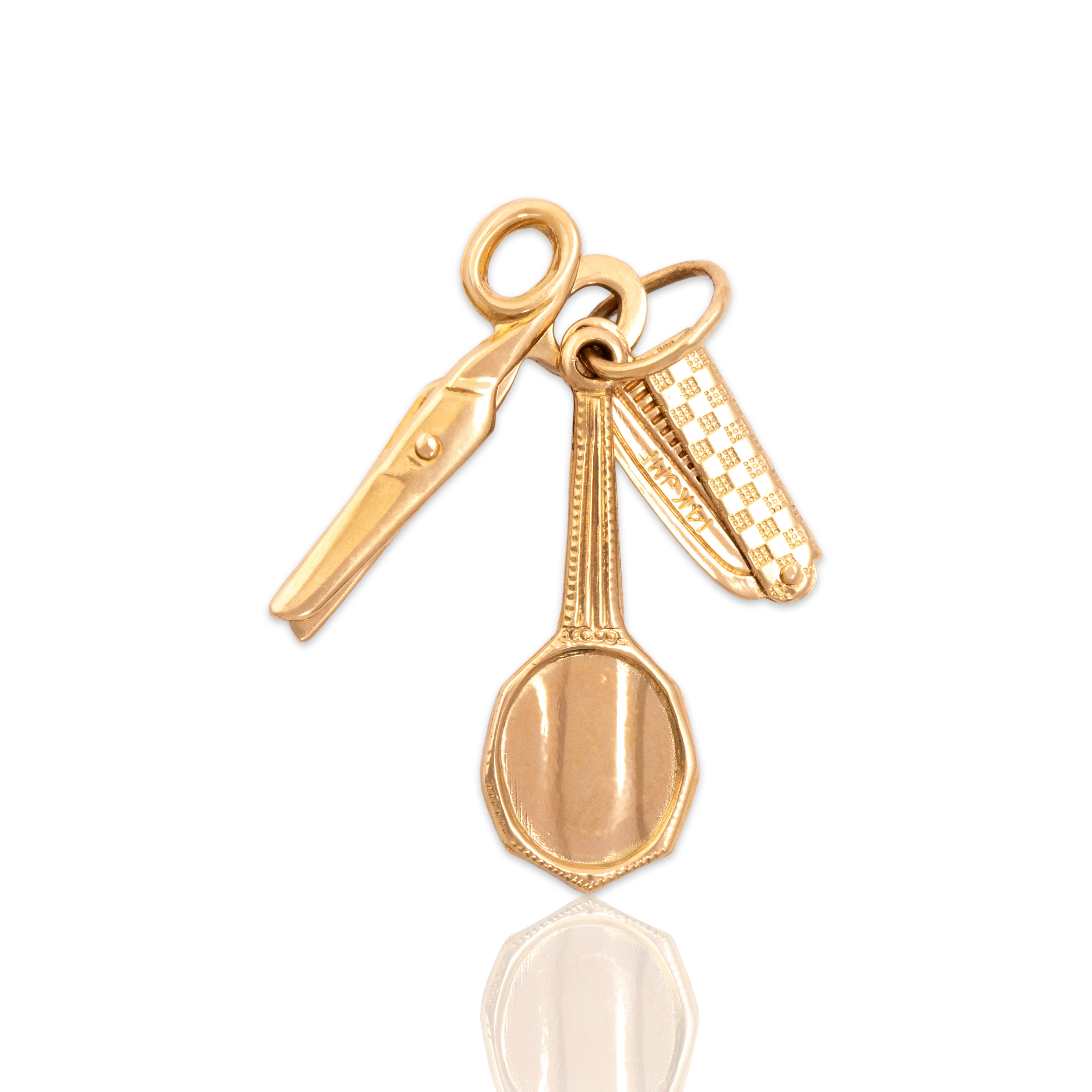 Vintage 14k Yellow Gold Articulating Vanity Trio Comb Scissors Mirror Charm / Pendant - Close-up view